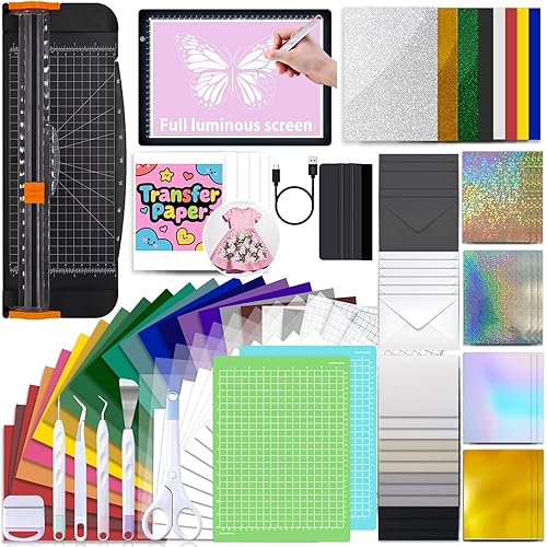 Convend The All-in-One Accessories and Supplies Bundle for Xtra-103Pcs Starter Kit with Weeding Tools, HTVs, Permanent Vinyl, Transfer Paper, LED Light Pad, Paper Cutter for Crafting Projects