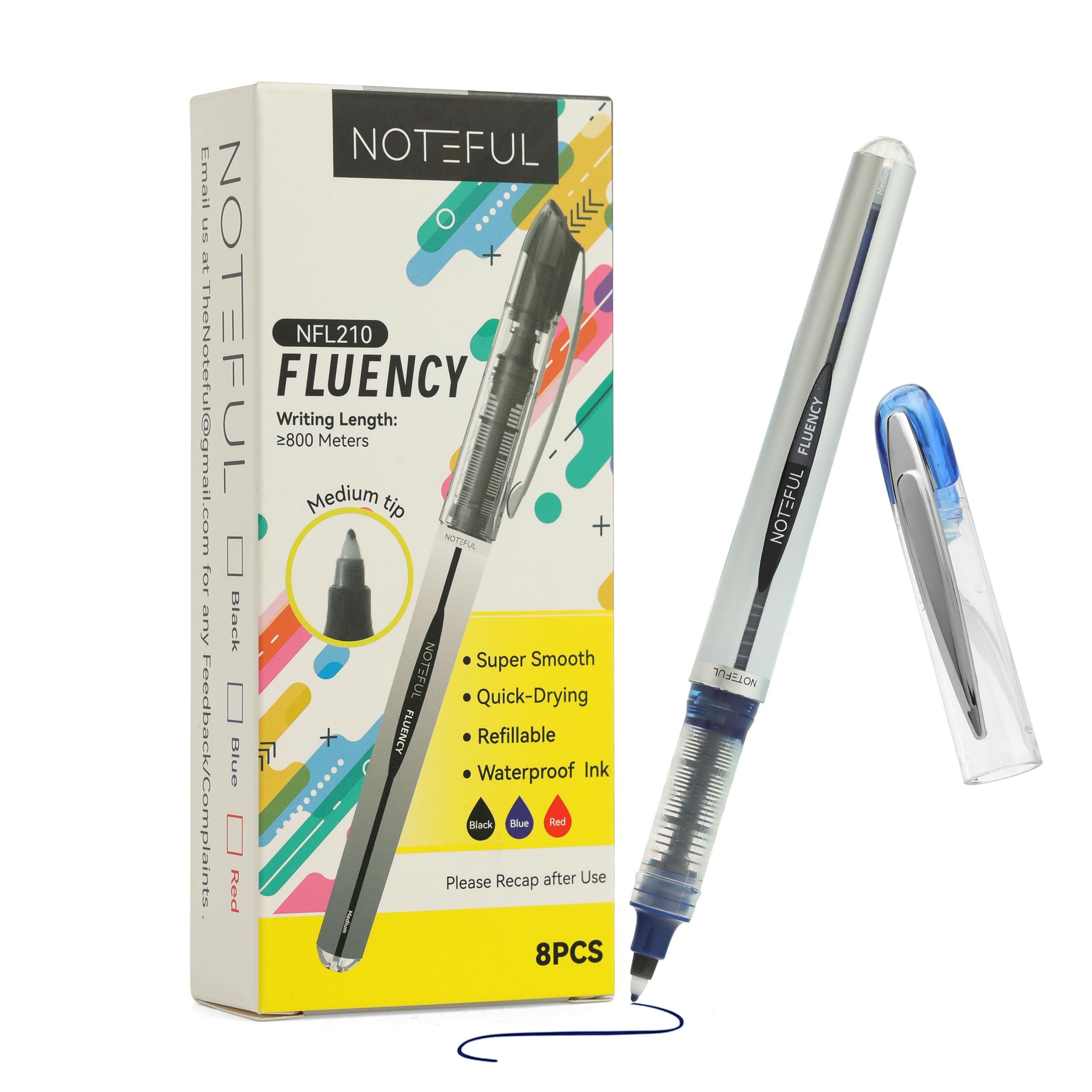 NOTEFUL Fluency Pens Medium Tip Writing Pens Refillable Waterproof Ink Smooth Quick-Drying Ball Pens for Office, School & Journaling - Blue (Pack of 8) - Image 2