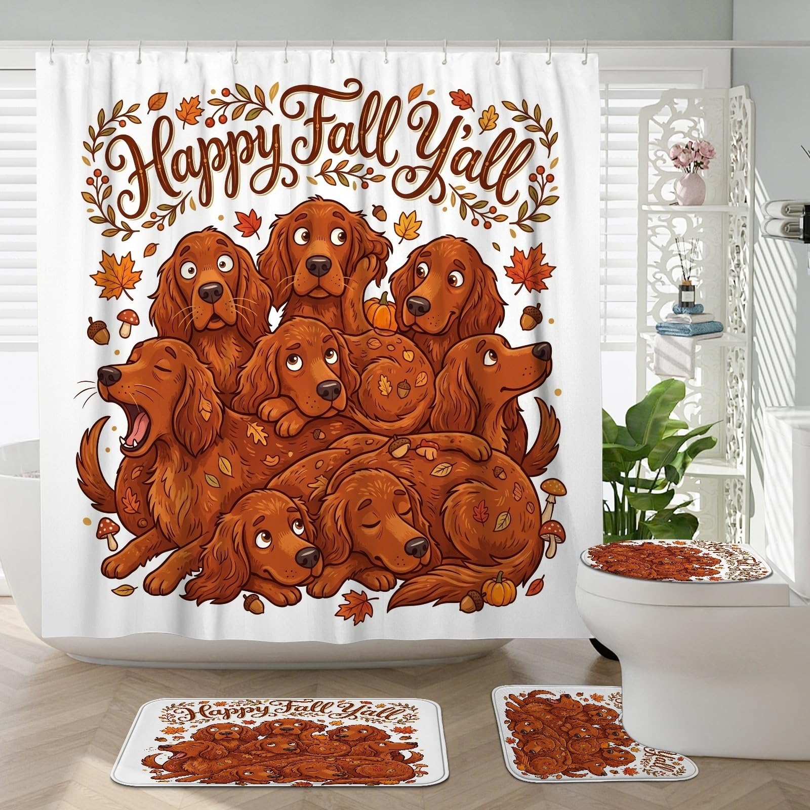 Ensemble rideau de douche et tapis anti-dérapant motif chien setter irlandais d'automne