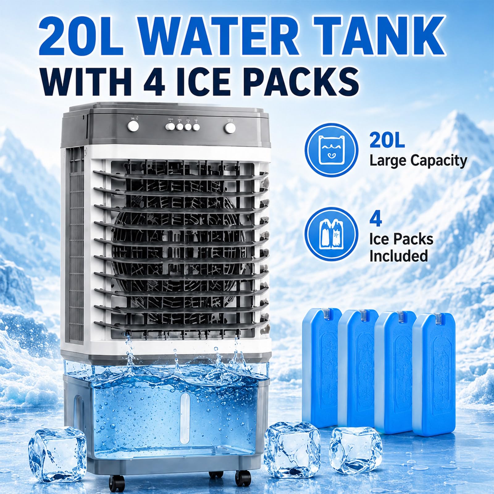 Aire Acondicionado Portátil Enfriador Evaporativo, con Oscilación De 120°, Sin Tubo, 3 Velocidades, Depósito De Agua De 20 L, Velocidad del Aire 6,6 M/S, para Habitación Y Oficina