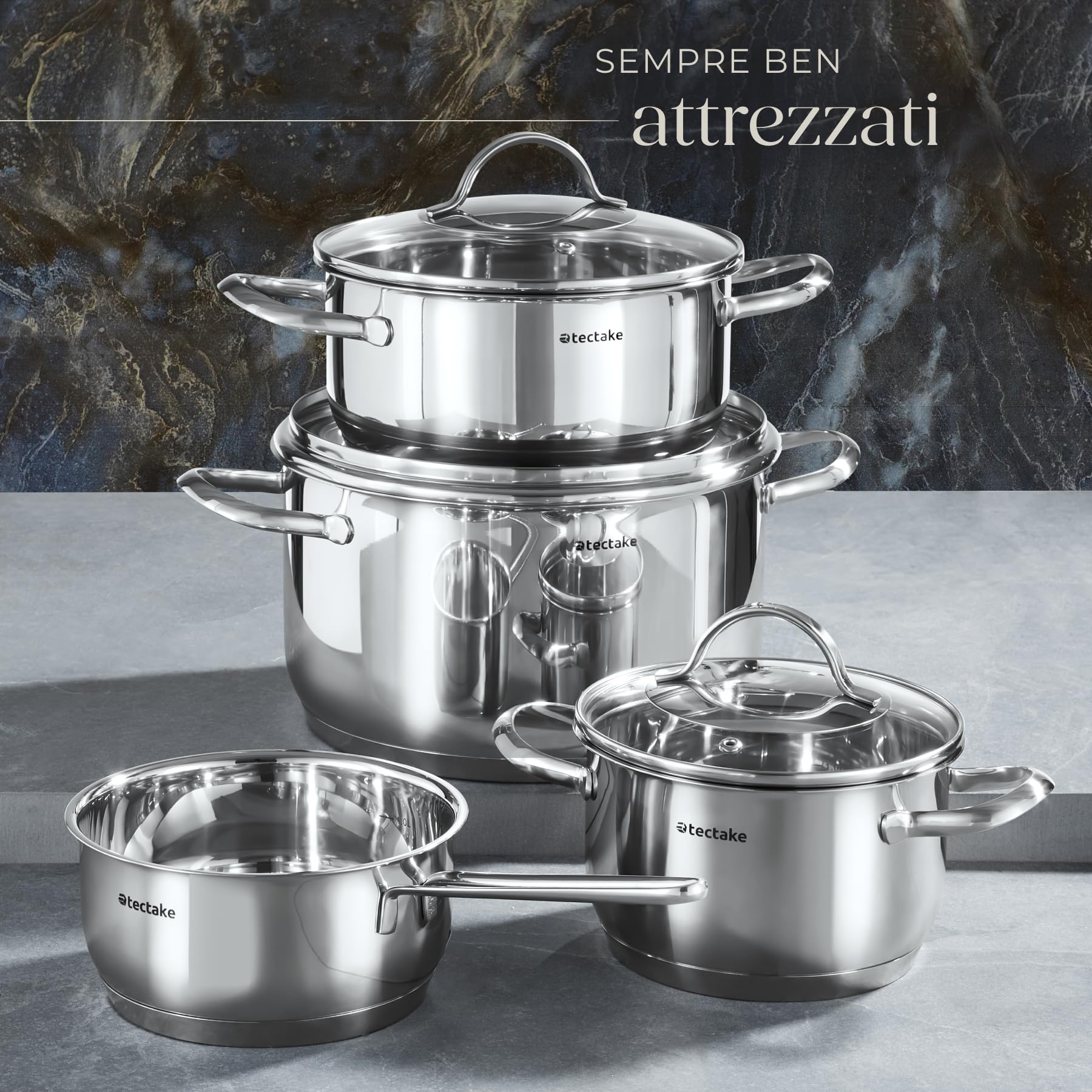 tectake® Set di Pentole, 7 Pezzi, Acciaio Inossidabile di Alta Qualità, Adatto a Induzione, Gas, Elettrico, 3 Pentole con Coperchio e Casseruola con Manico, Lavabili in Lavastoviglie