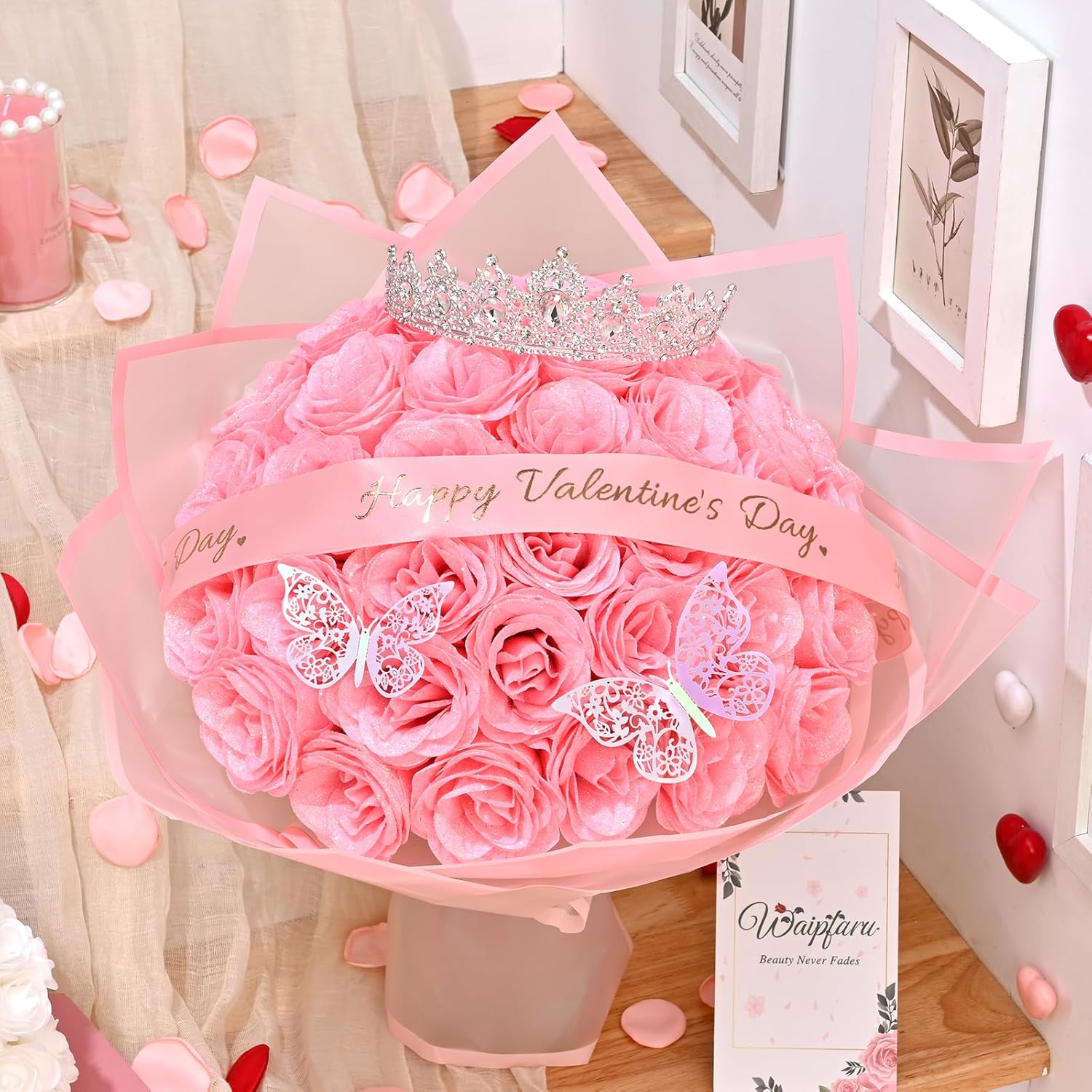 Waipfaru Glitter Roses Bouquet, Valentines Day Gifts for Her, DIY Fake Pink Flowers Bouquet with Valentine's Stand-Up Signs, 36 Pcs Rose for Women Wife Girlfriend - Image 3