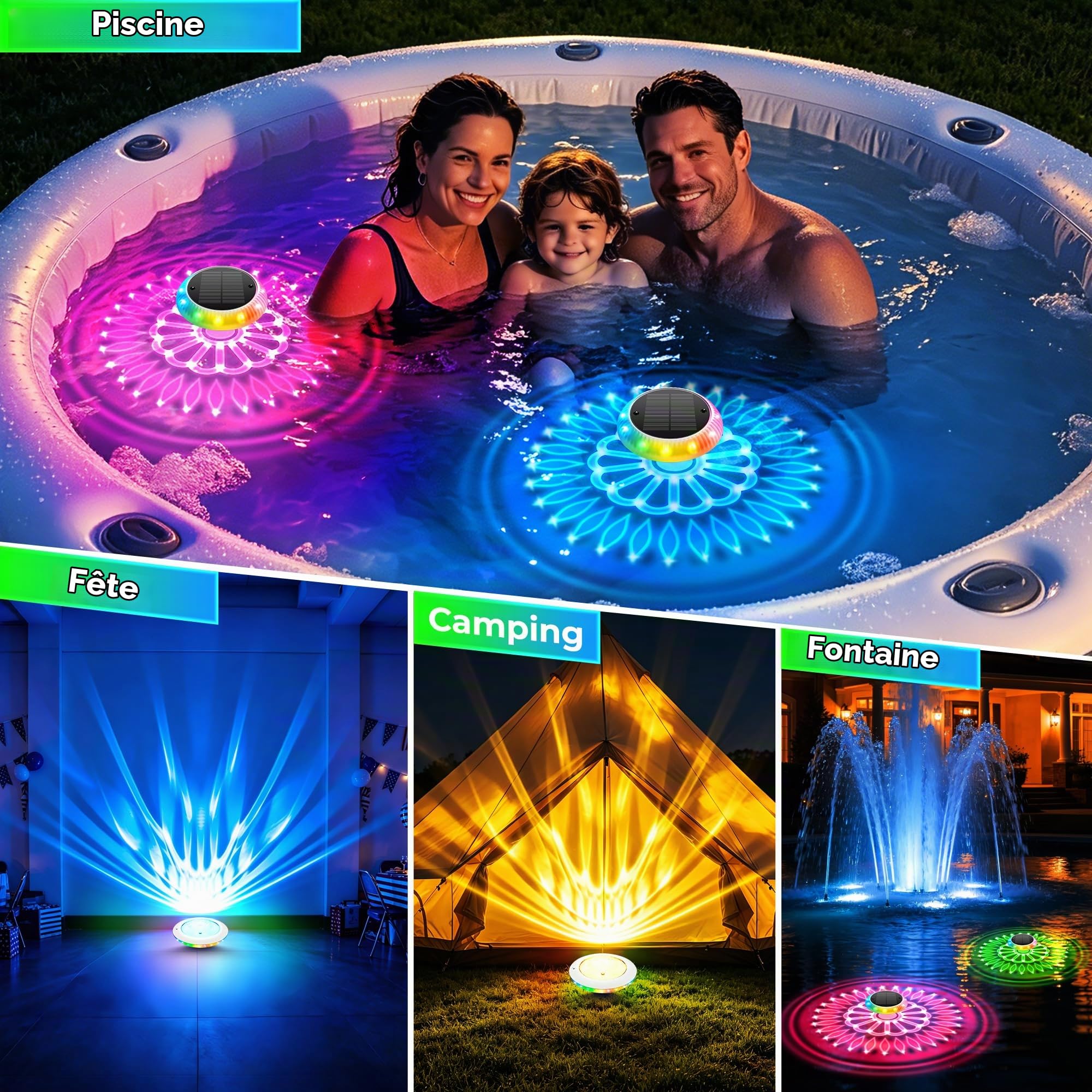 2 Pièce Lumière Piscine Solaire Flottante avec Télécommande | 16,3 cm, 2-en-1 (57 Modes), Minuterie, IP67, pour Piscine Hors Sol, Gonflable, Jacuzzi, Bassin