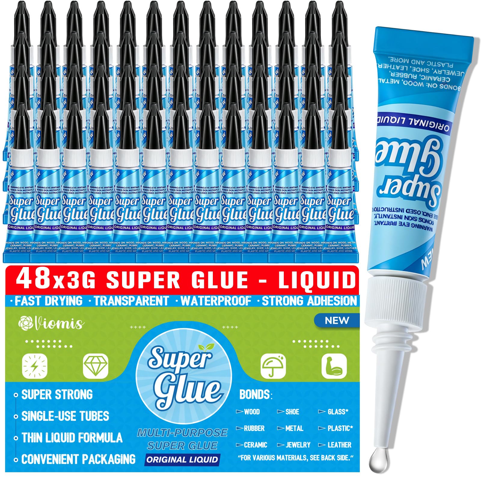 Viomis Super Glue, Clear Glue, 48 Pack 3 Gram Tubes - All Purpose and Fast Setting for Projects and Repairs