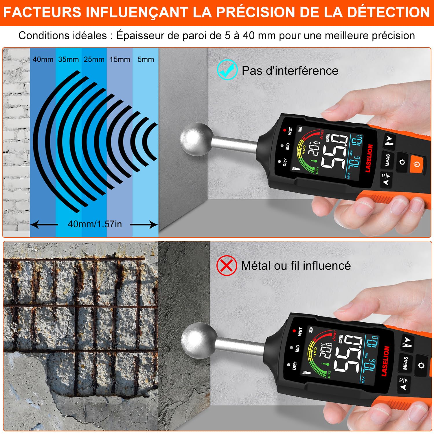 Testeur Humidité Mural MS04 Capteur Sphérique Mesures Non Destructeur Bois Murs Matériaux Construction Alarmes Personnalisables Affichage Température
