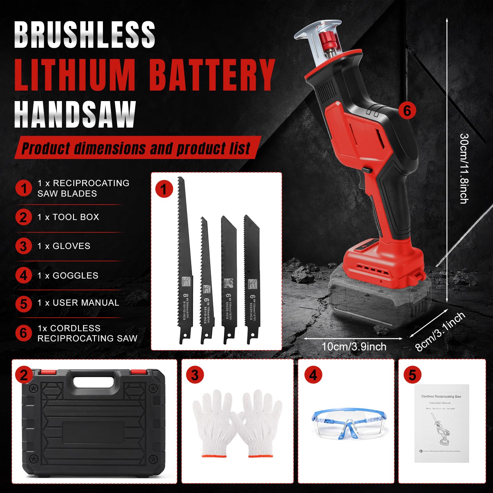 Scie sabre sans fil avec 4 lames pour Milwaukee 18V (sans batterie) | 600W, scie sabre, sans balais, LED, coffret plastique, pour bois et PVC