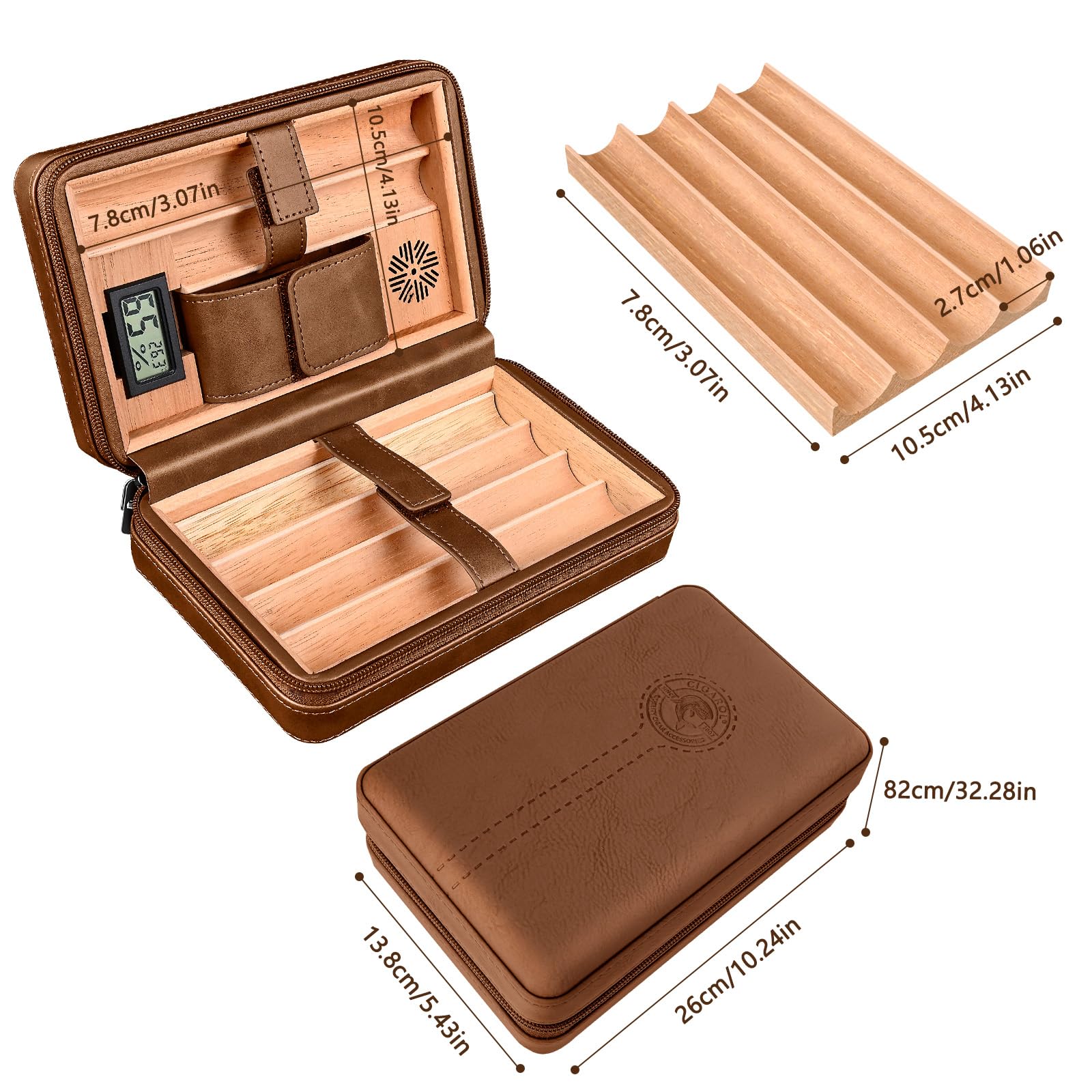 Leather Humidor Zigarren für 6 Zigarren mit elektronischem Hygrometer und Befeuchter (Braun)