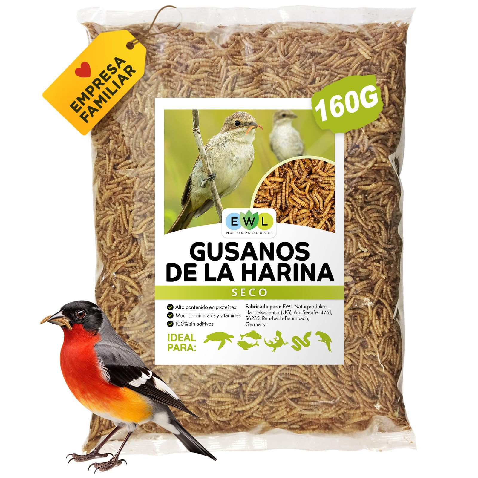 EWL Naturprodukte Gusanos de la Harina Secos 160 g (1 L), Snack de Insectos para Aves, Peces, Tortugas, Roedores y Reptiles