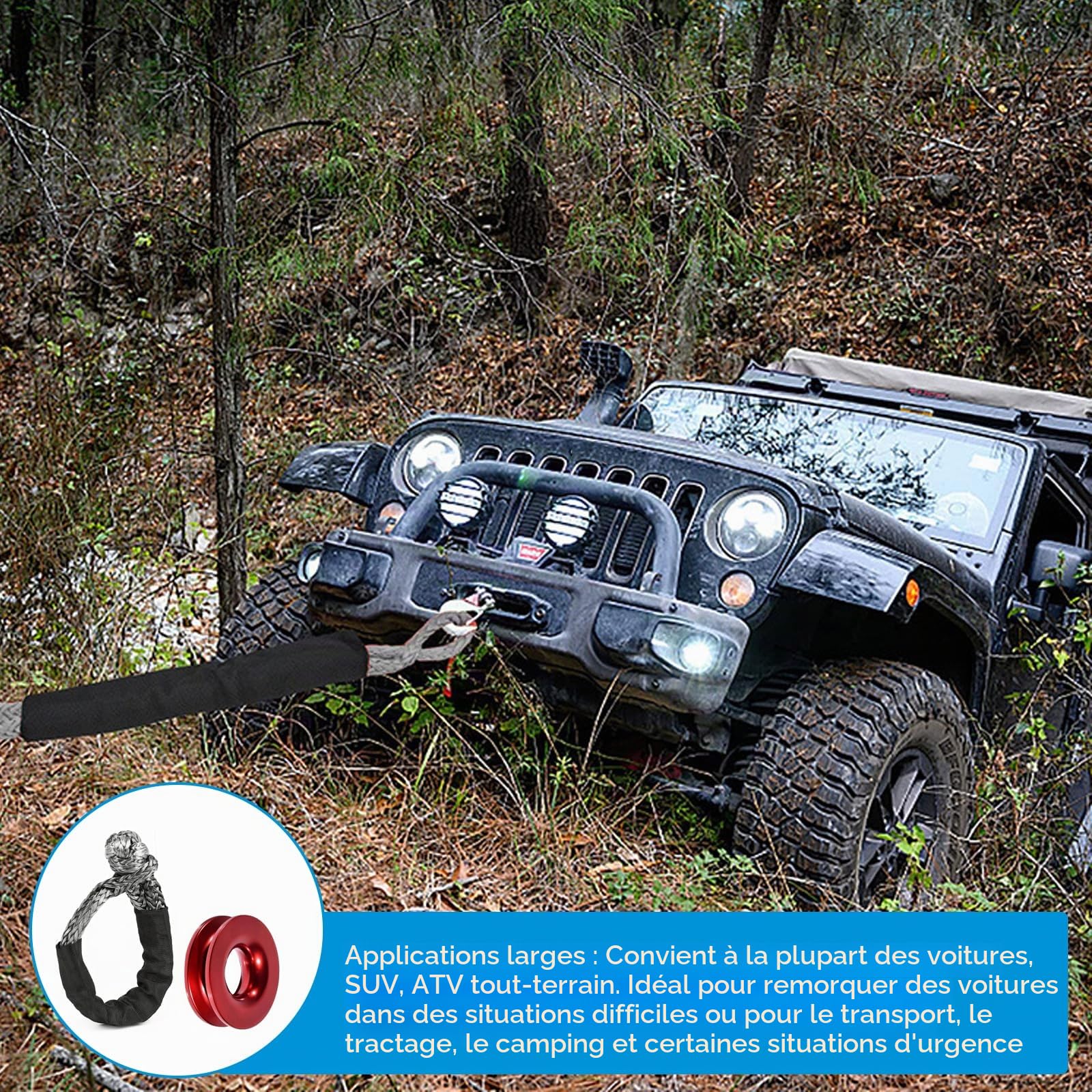 Manille synthétique 1/2 treuil avec récupération, 41000LBS & manchons de protection, kit de manilles souples pour ATV, UTV, SUV, tout-terrain, remorquage, chariots (shackle souple noir)