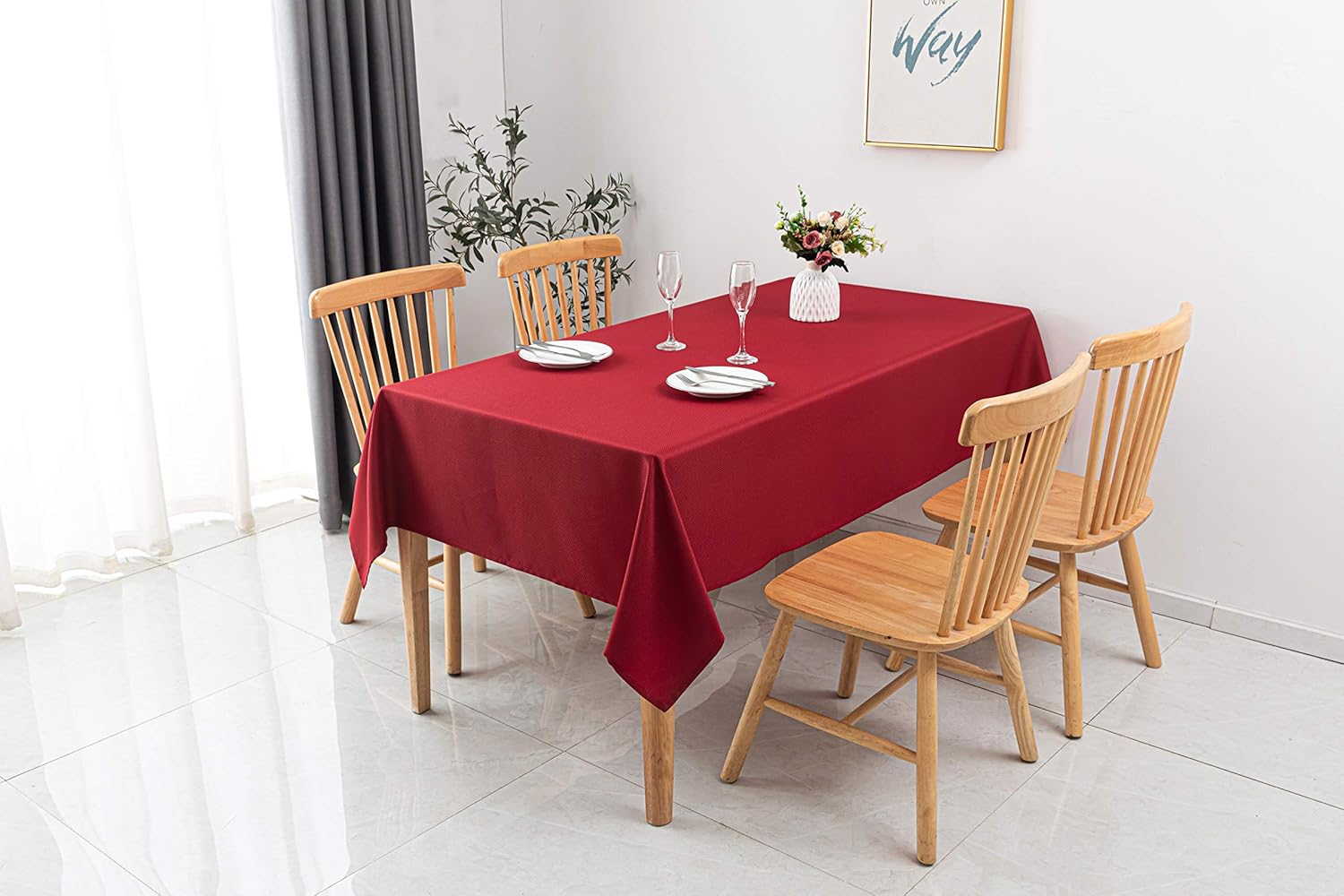 Biscaynebay Textured Fabric Tablecloths 52 X 70 Inches Rectangular, Red Water Resistant Spill Proof Tablecloths for Dining, Kitchen, Wedding and Parties, Machine Washable 52X70" Red