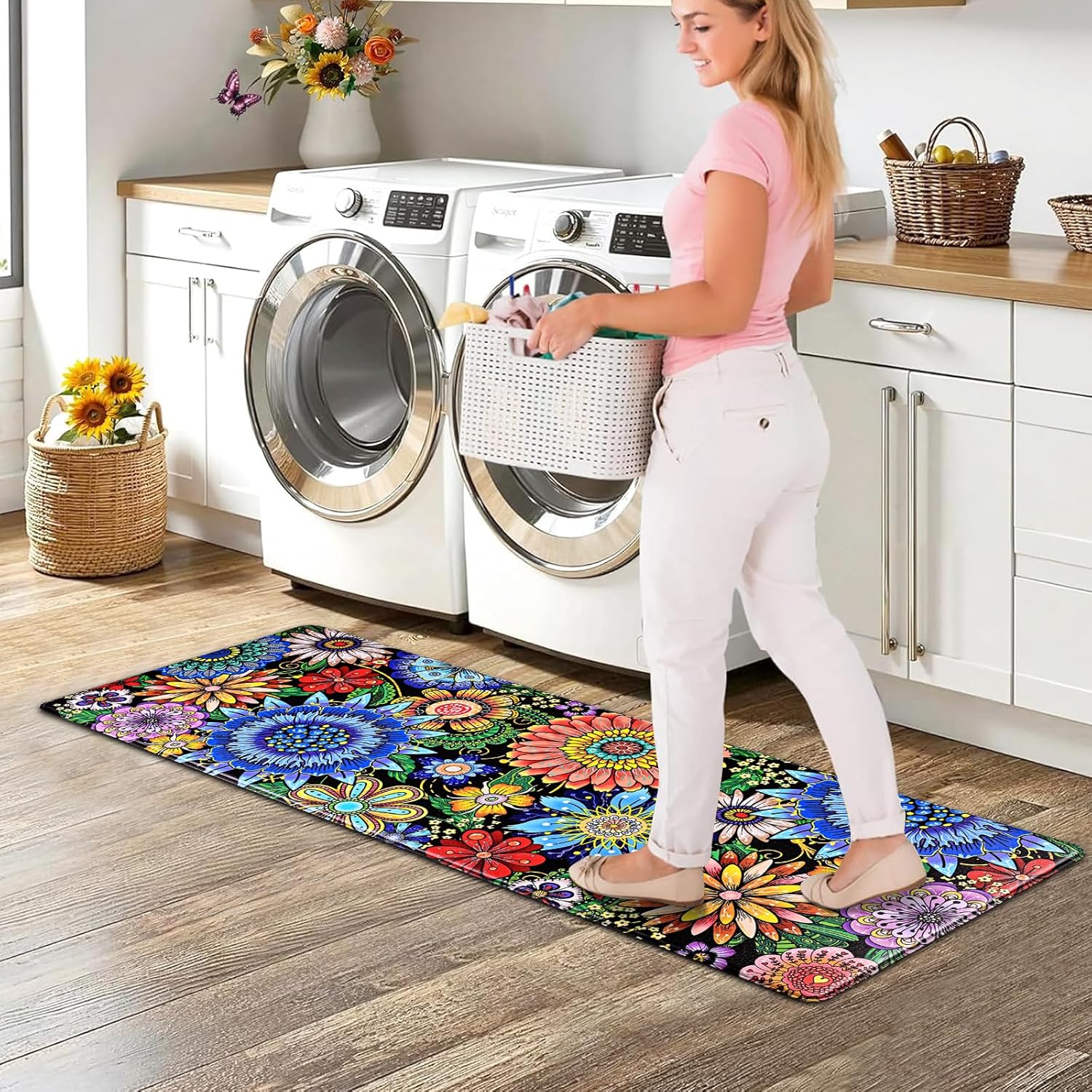 Likiyol Boho Kitchen Rugs Boho Floral Anti Fatigue Kitchen Mat for Floor Bohemian Flowers Non Slip Washable Kitchen Floor Mats, Comfort Standing Mat for Sink, Laundry, 18''x48'', 0.47" Th, Blue