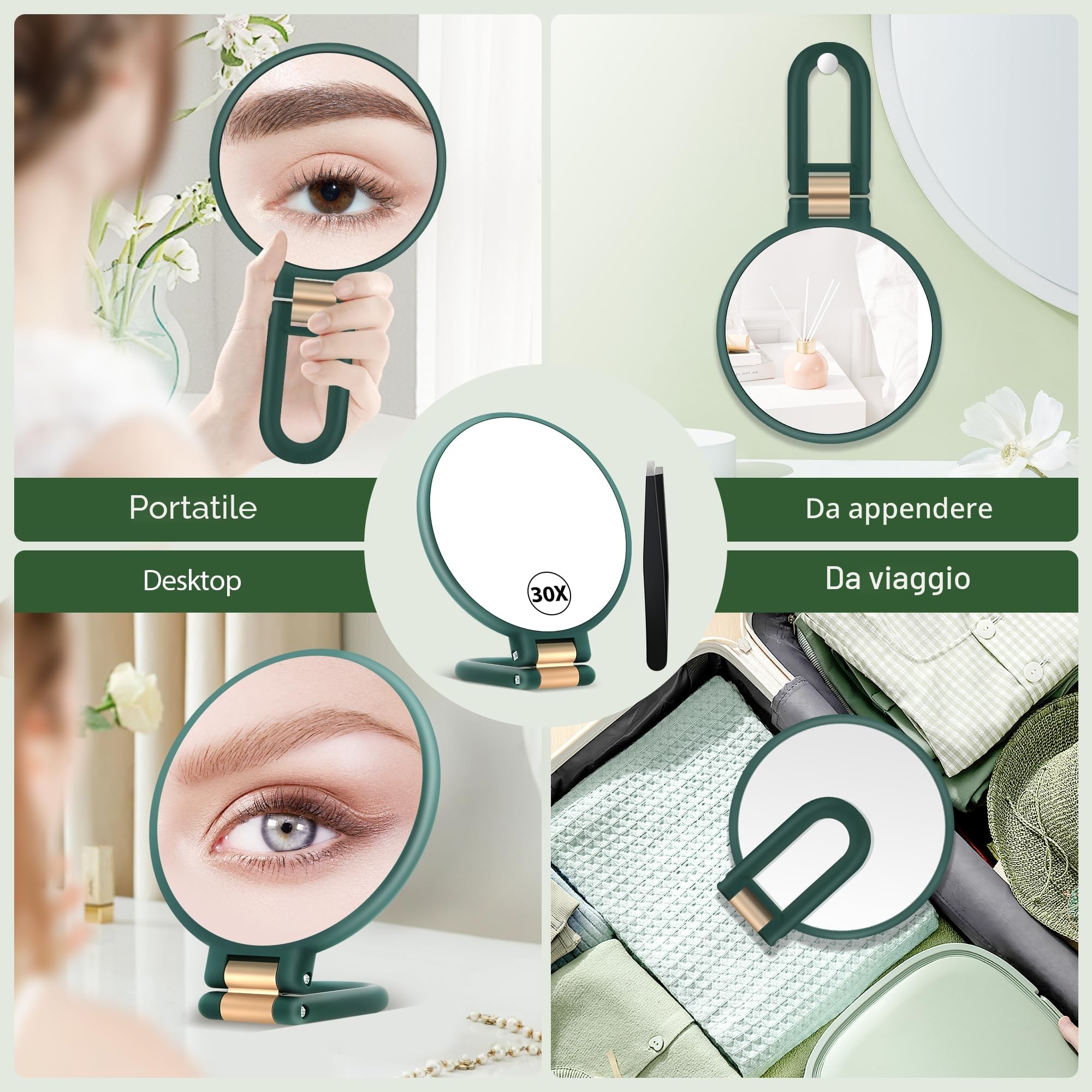 MIYADIVA Specchio ingranditore portatile, doppio lato, specchio da viaggio con ingrandimento 30X/1X, manico regolabile a 360° e pinzette di precisione, specchio portatile multiuso per il trucco, verde