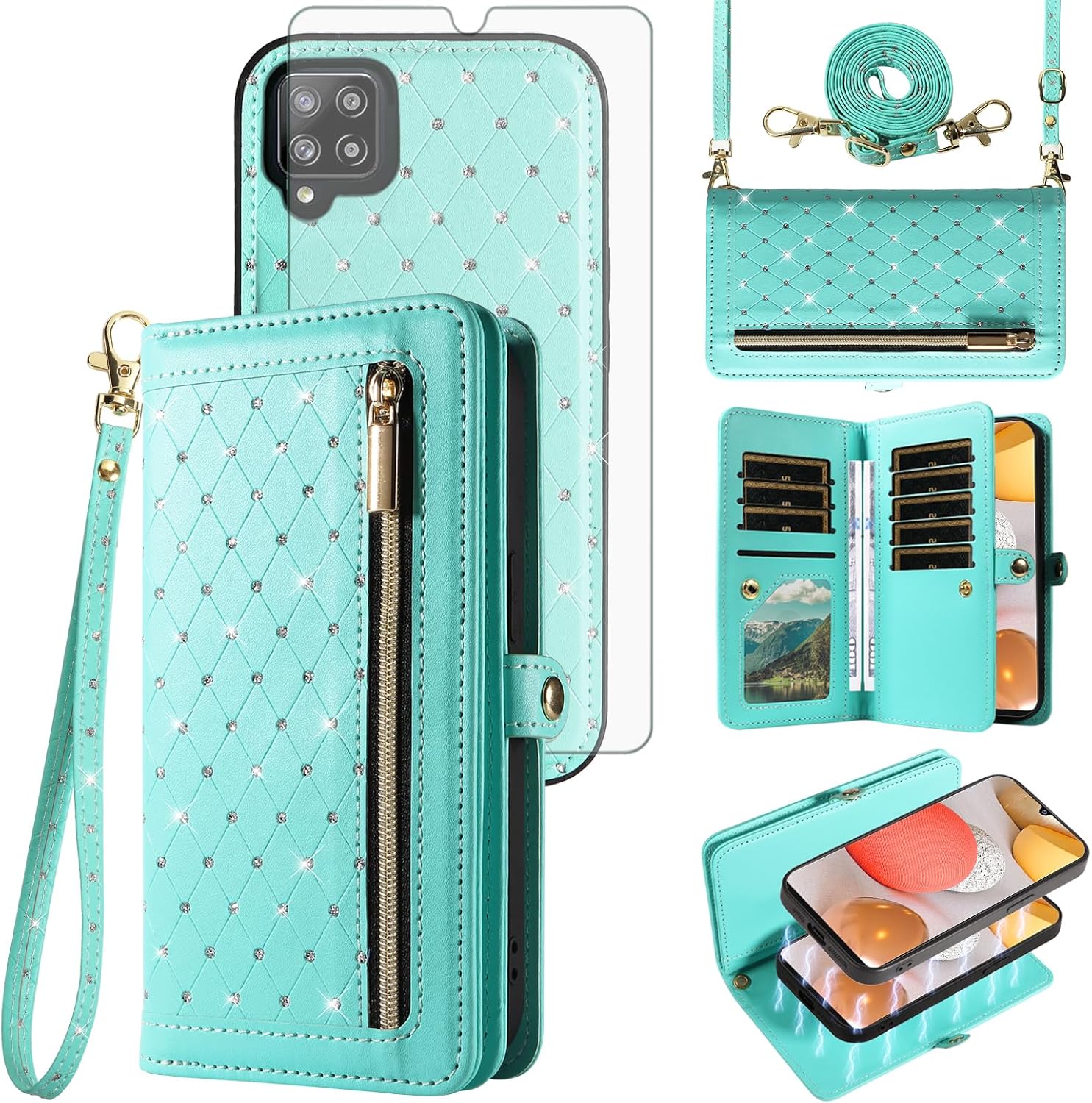 Asuwish Phone Case for Samsung Galaxy A42 5G Zipper Wallet Detachable Cell Cover with Tempered Glass Screen Protector Crossbody Strap Bling Flip Credit Card Holder A 42 G5 42A S42 4G 2021 Women Pink