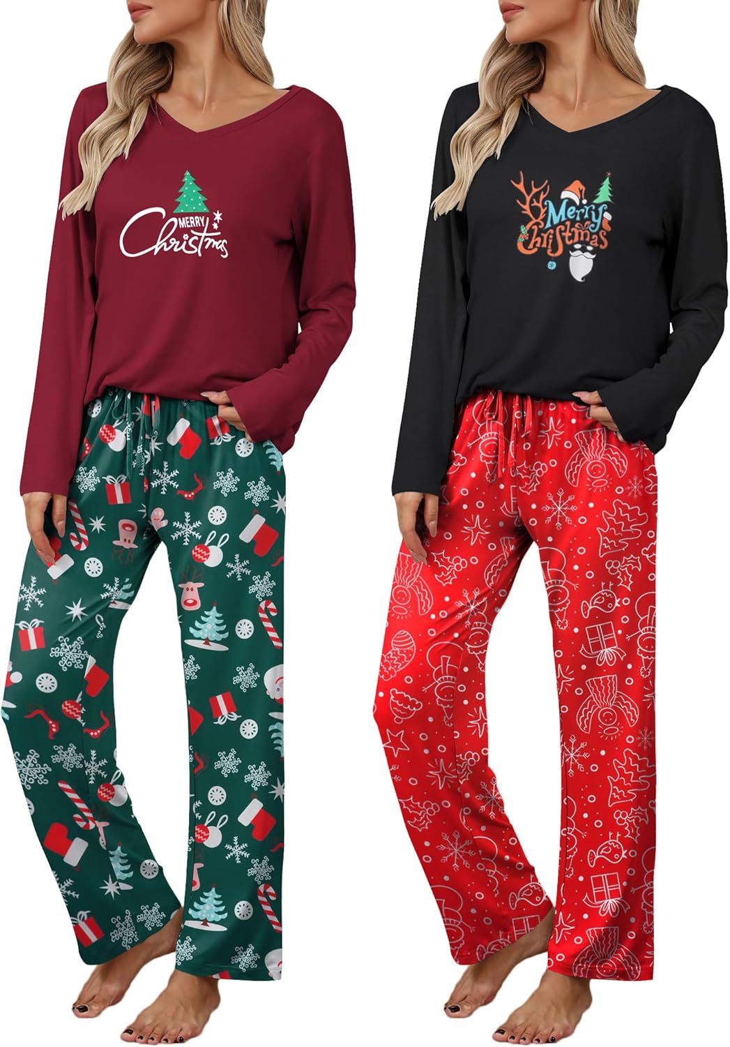 Ekouaer Womens 2 Pack Pajama Set Long Sleeve Pajamas Top and Pants V Neck Pjs Set Soft Loungewear with Pockets