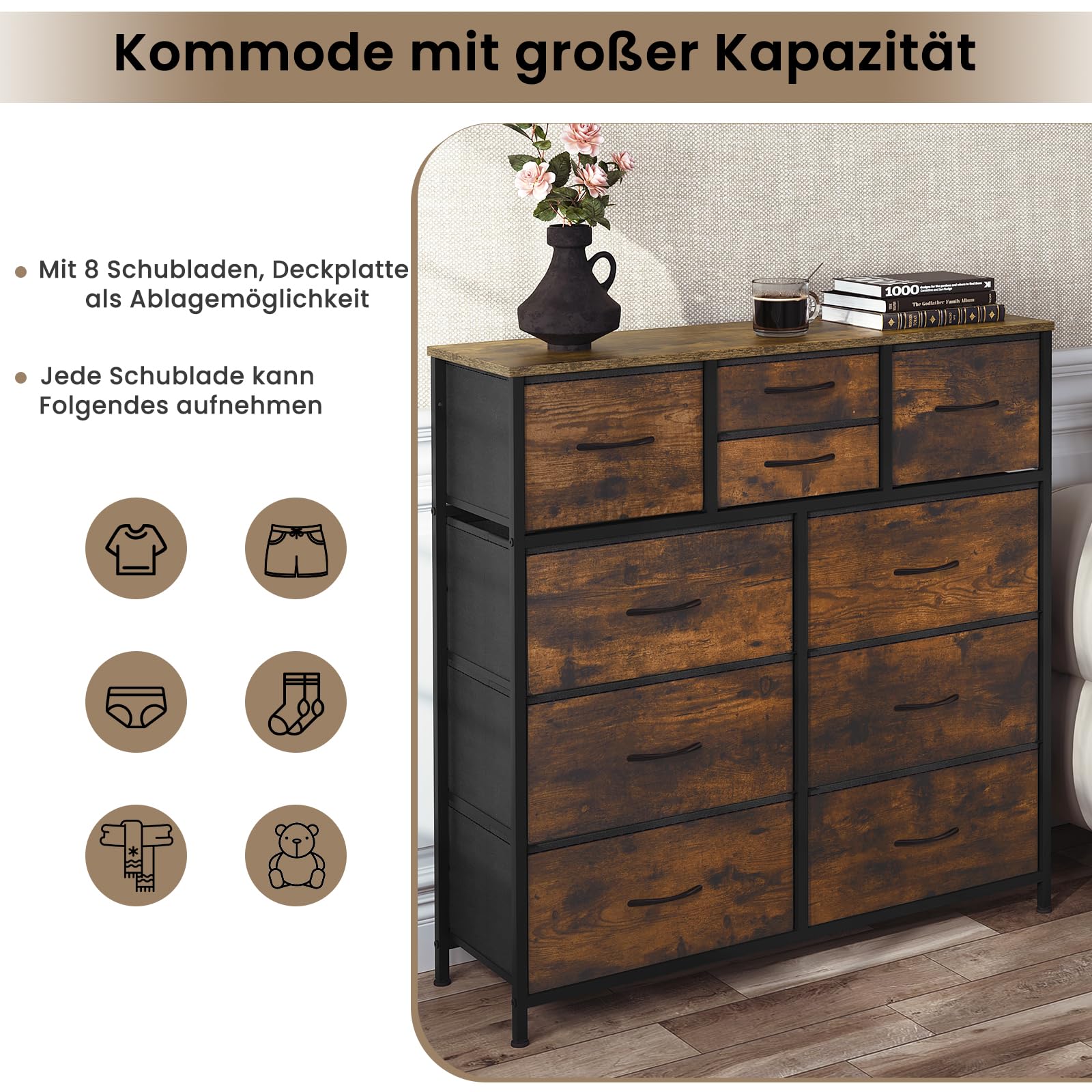 WOLTU Kommode mit 10 Schubladen aus Stoff, aus Metallrahmen