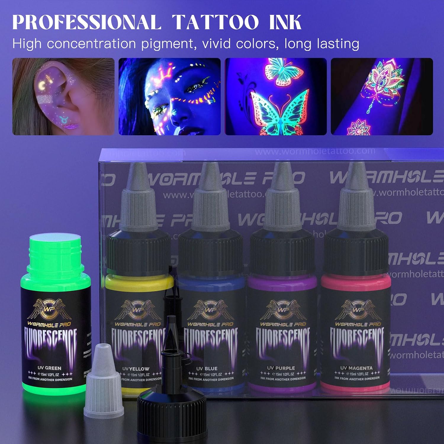 WORMHOLEPRO Tattoo Ink, 1/2oz (15ml) UV Tattoo Ink Set Long Lasting Color Tattoo Supply Ink with UV Light -Yellow, Blue, Red, Green, Magenta
