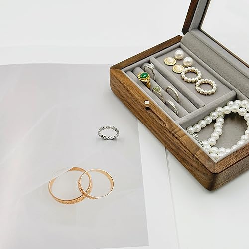 Miniatura 8 de Caja de almacenamiento de joyería de nogal con tapa de vidrio, organizador de joyas de madera multifuncional, interior de terciopelo suave, caja de