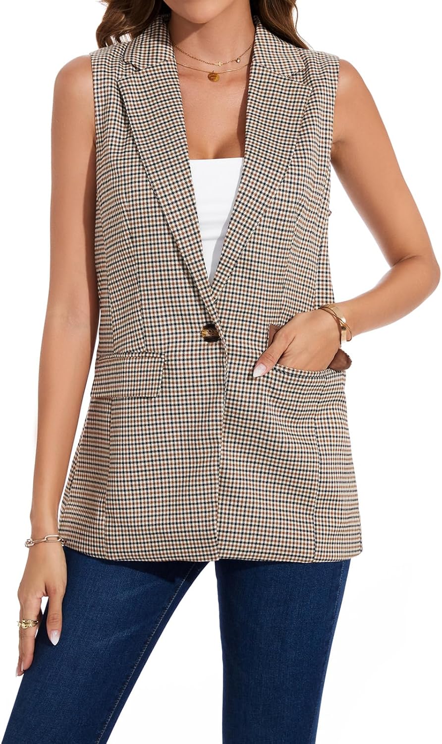 MINTLIMIT Womens Casual Vest Sleeveless Blazer Button Front Jacket Office Fully Lined Notched Lapel Long Blazers with Pockets