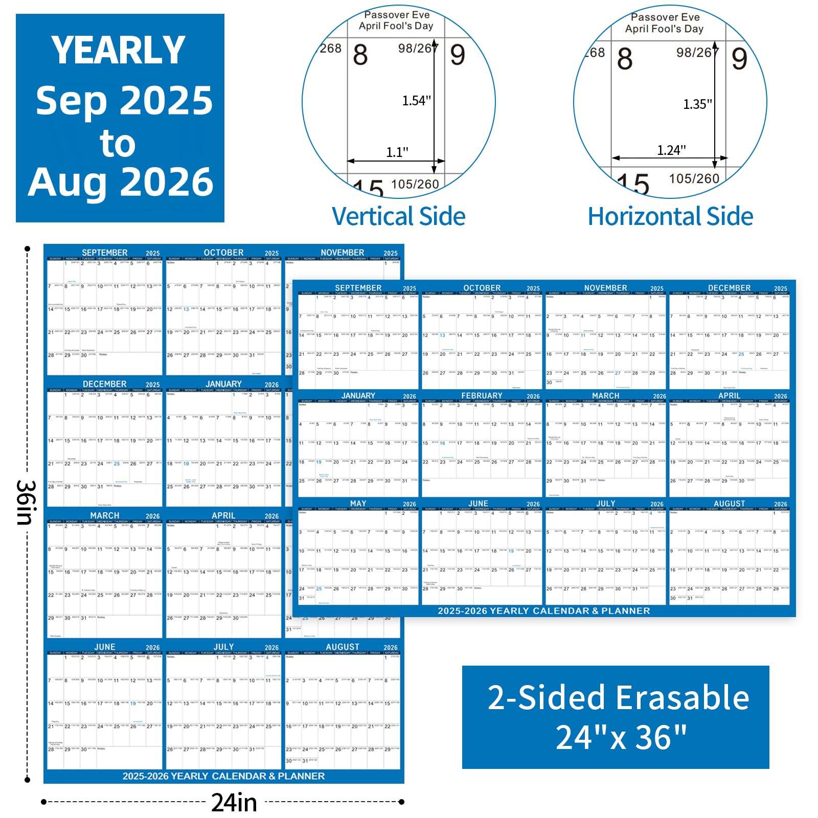 Wandkalender 2025–2026, 61 x 91,4 cm, trocken abwischbarer Kalender für die Wand von Juli 2025 bis Juni 2026, 12 Monate, Jahresplaner für Büro, Schule, Blau