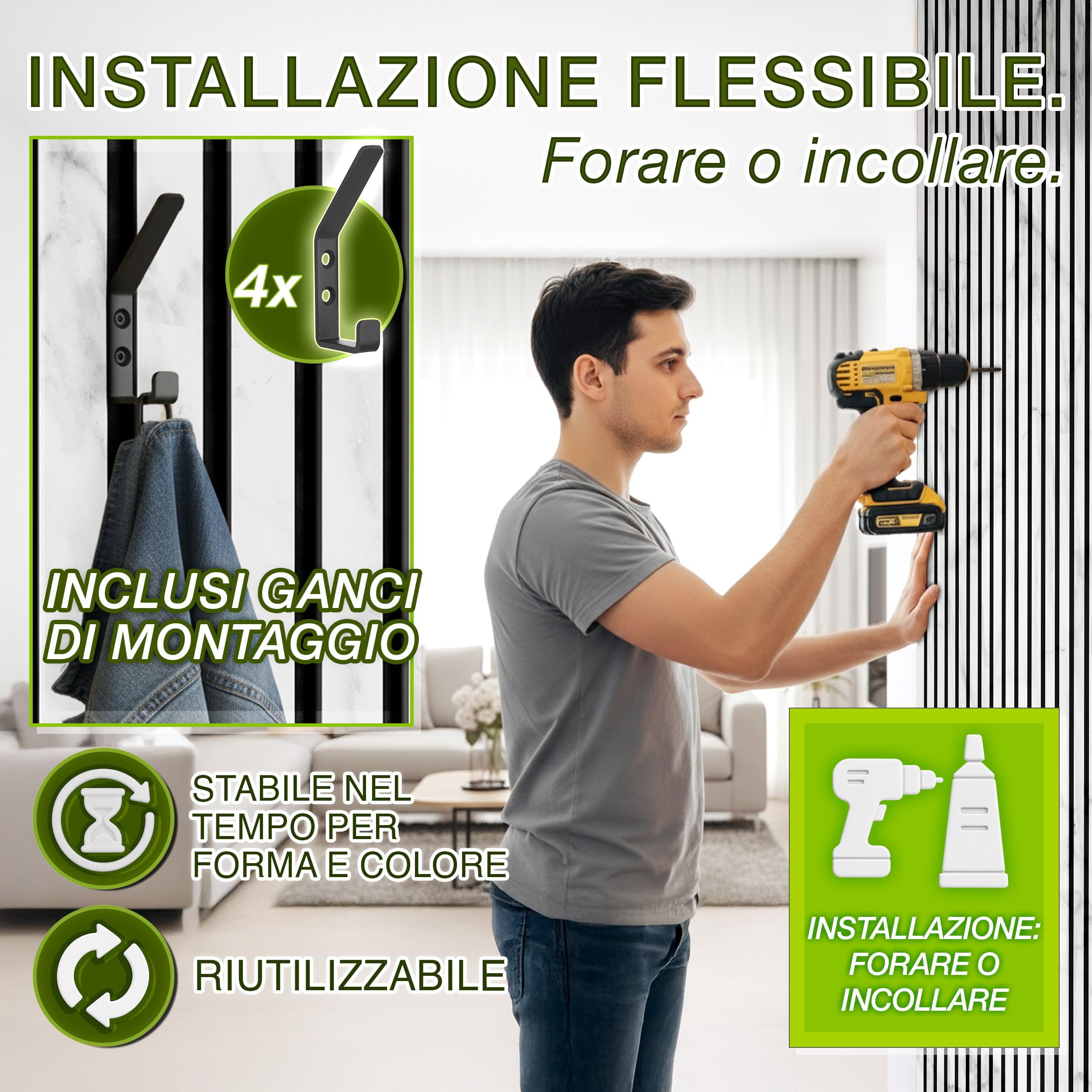 TRESKO 2 pannelli acustici in legno, 120 x 60 cm, con 4 ganci appendiabiti, rivestimento da parete bianco/marmo come parete a lamelle 3D, pannelli in legno per isolamento acustico