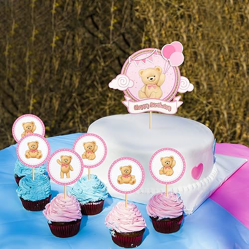 Miniatura 6 de Ercadio 1 paquete de decoración de oso para tartas de cumpleaños, oso de peluche rosa, globo, nube, pasteles, para temática de oso, baby shower,