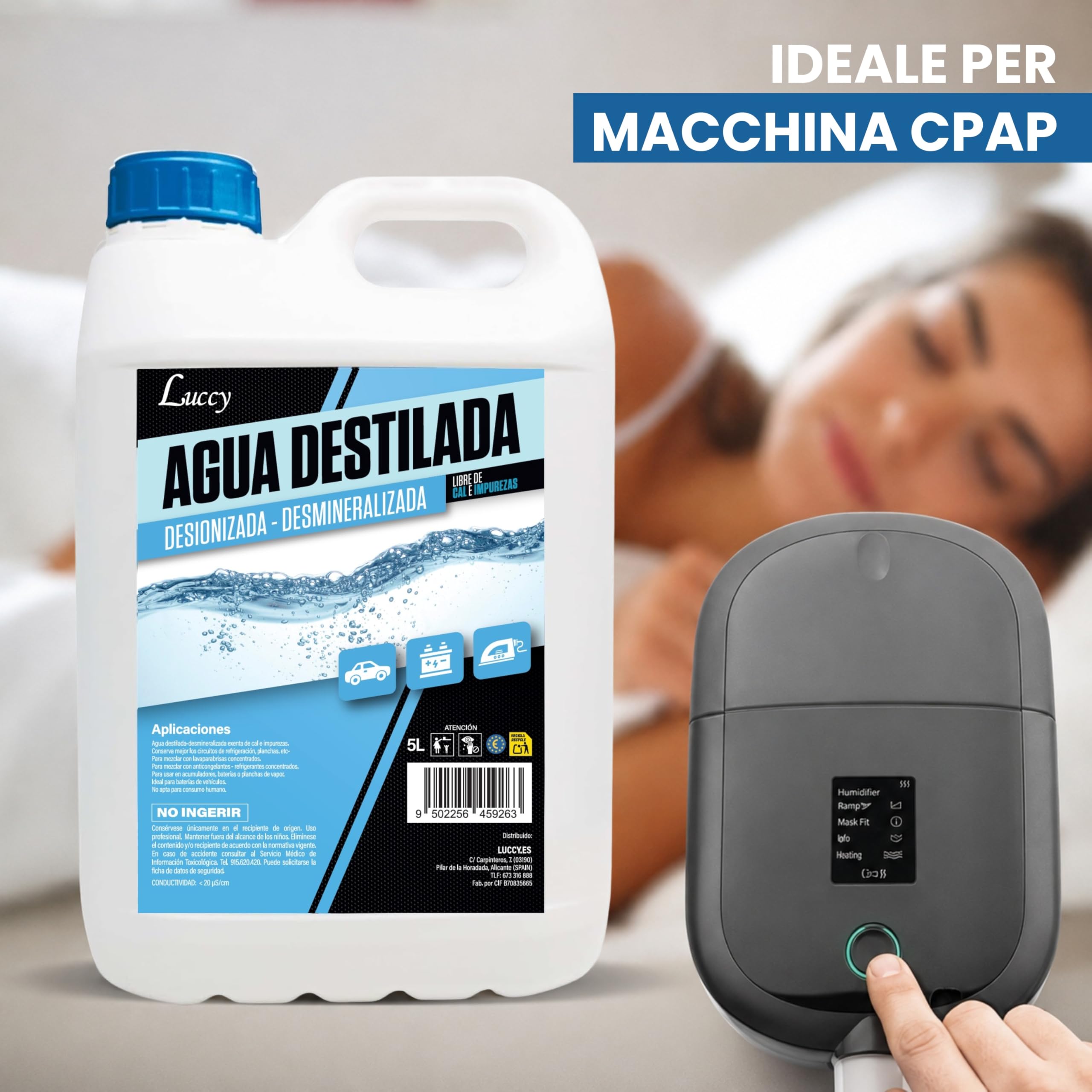 LUCCY Acqua Distillata Demineralizzata Deionizzata 5 Litri | 100% Acqua Pura | CPap, Umidificatore, Ferro, Motori, Pulizia, Laboratori, Piante