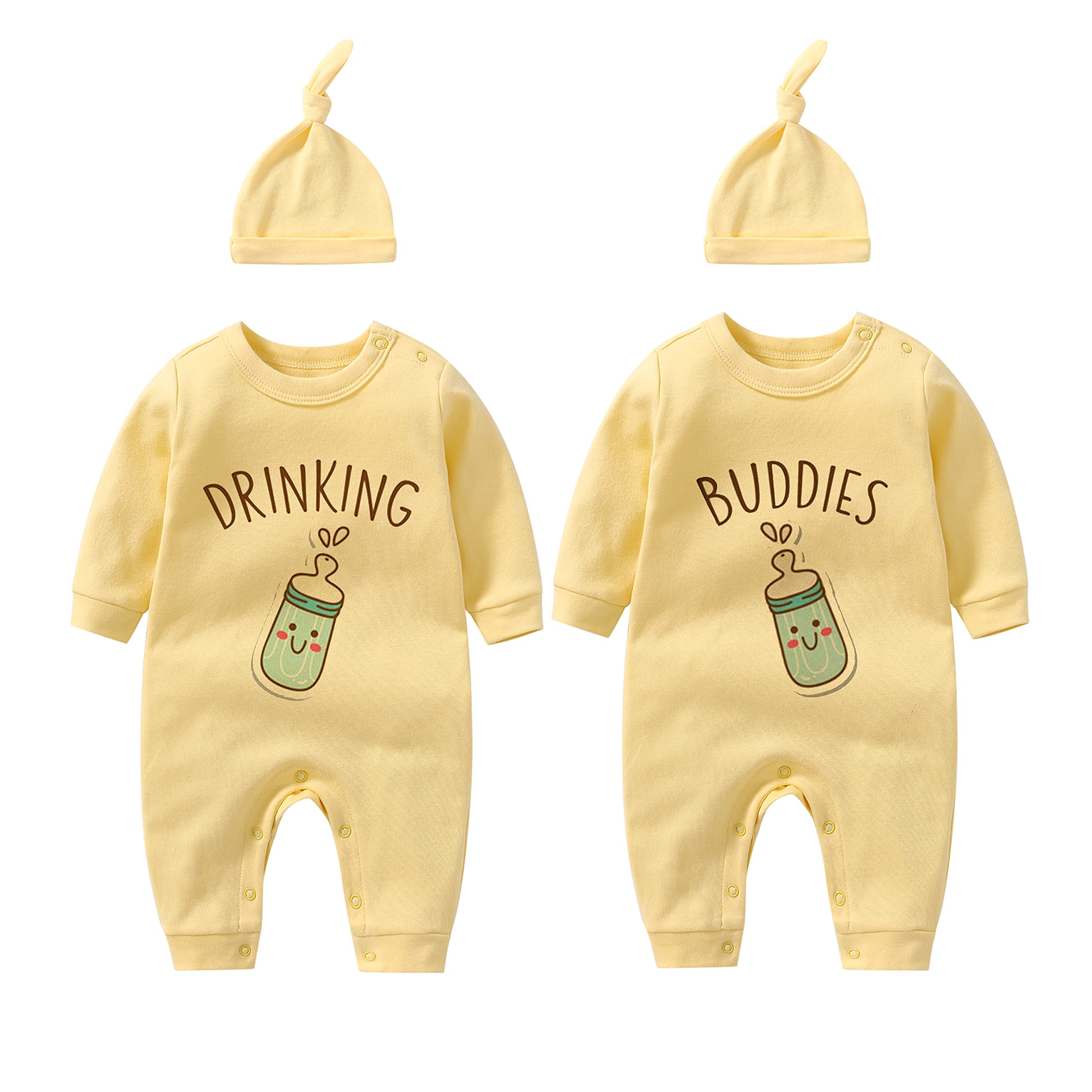 Baby Zwillinges Stramplers Drinking Buddies Fun Langarm Geschenk Für Geburt Baby Jungen Mädchen Zwillinge Babybekleidung Mit Hut