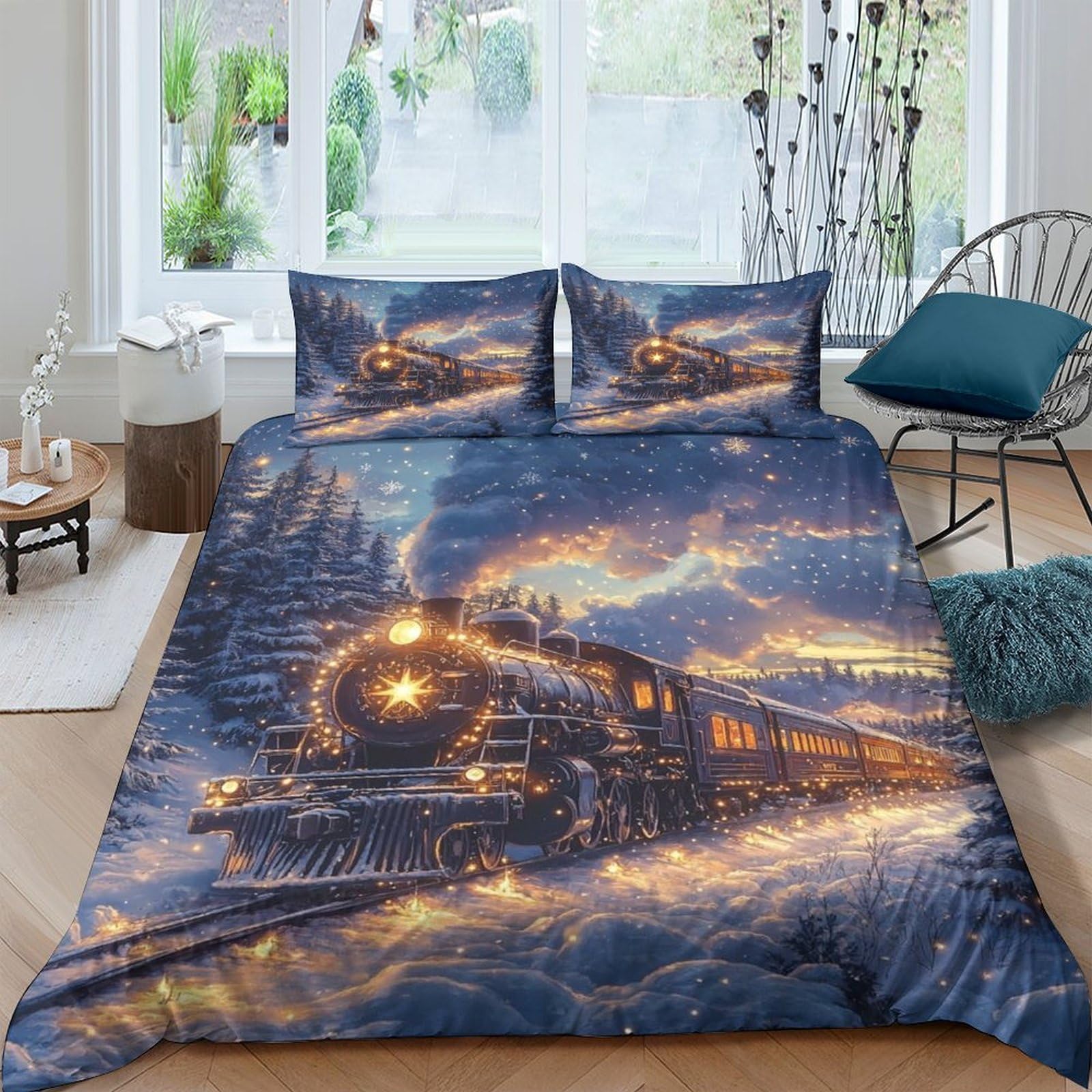 Ctjqhvkz Style-3 3D Printed Steam Train Nightscape Fitted Sheet Microfiber Soft Breathable Railway Lights Bed Cover For Bedroom Decor Single（135X200cm）