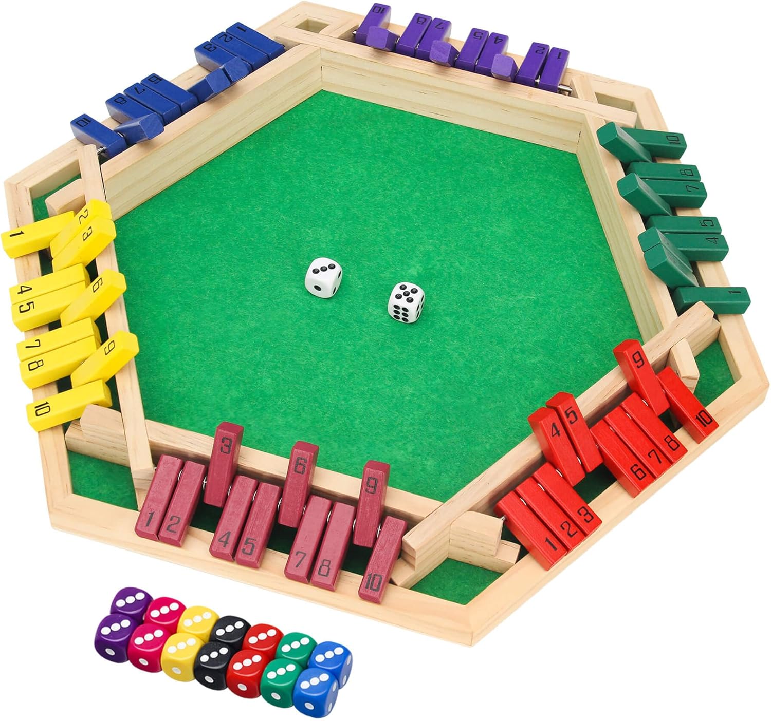 6-Sided Shut The Box Game Multicolor Wooden with 16 Dice