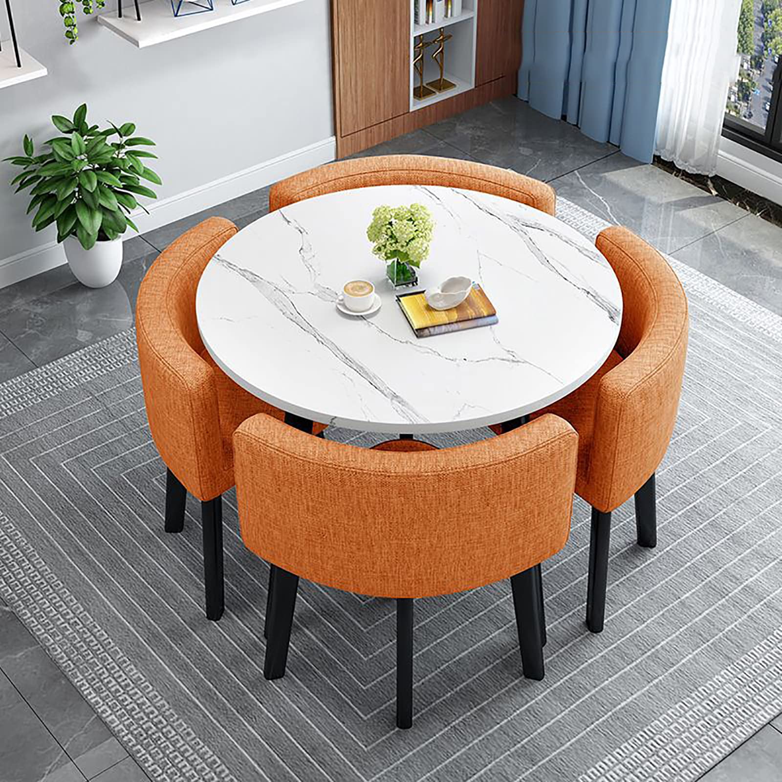 Modern Round Dining Table Set Space Saving Kitchen Table with 4 Fabric Chairs Ideal for Home Office 90 * 90 * 75cm Reception Saving Set,A21-90 * 90 * 75cm
