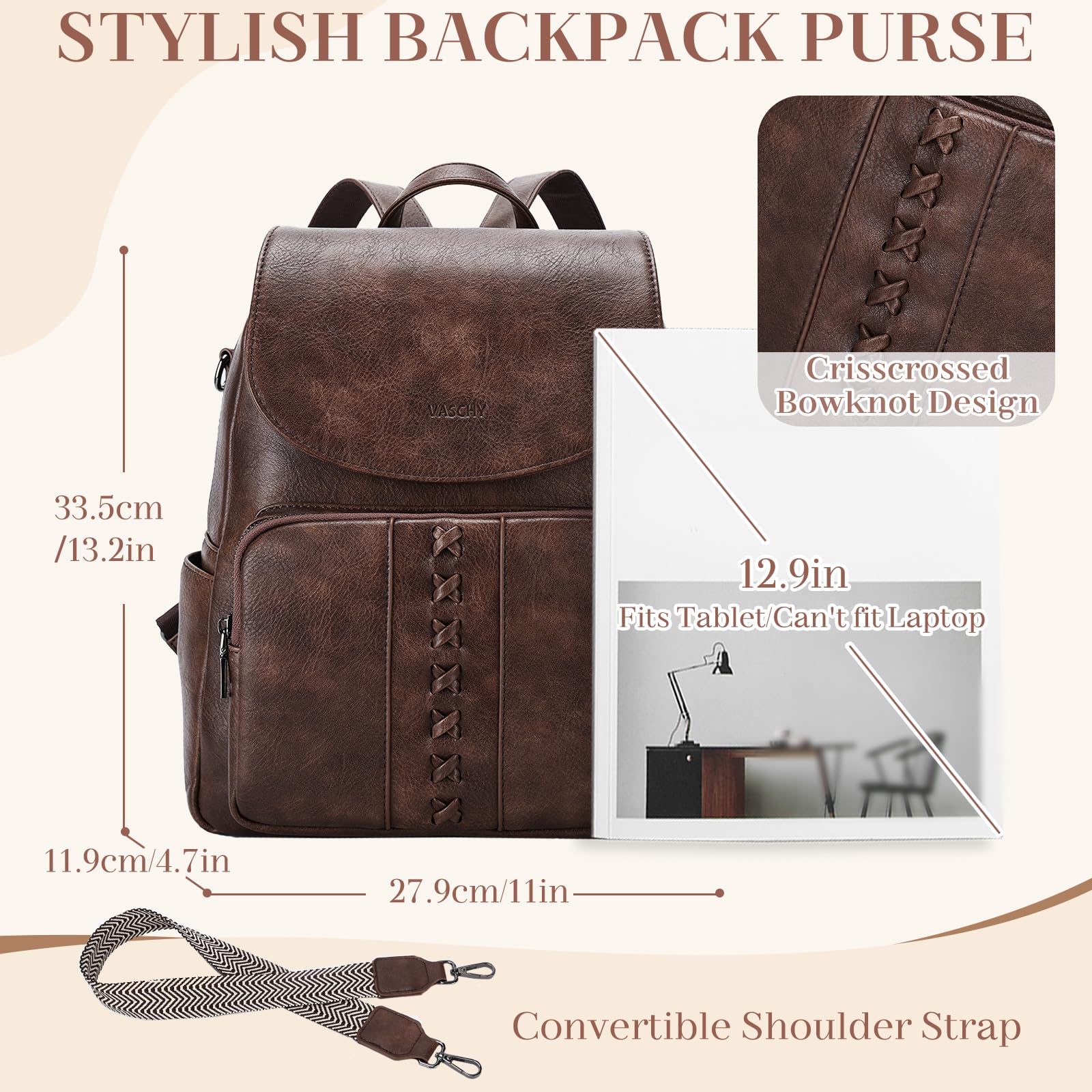 VASCHY Sac à Dos Antivol Femme Cuir, Élégant Sac à Main Porté Dos Bohème Rétro Imperméable avec Bretelle Réglable pour Travail Université Voyage