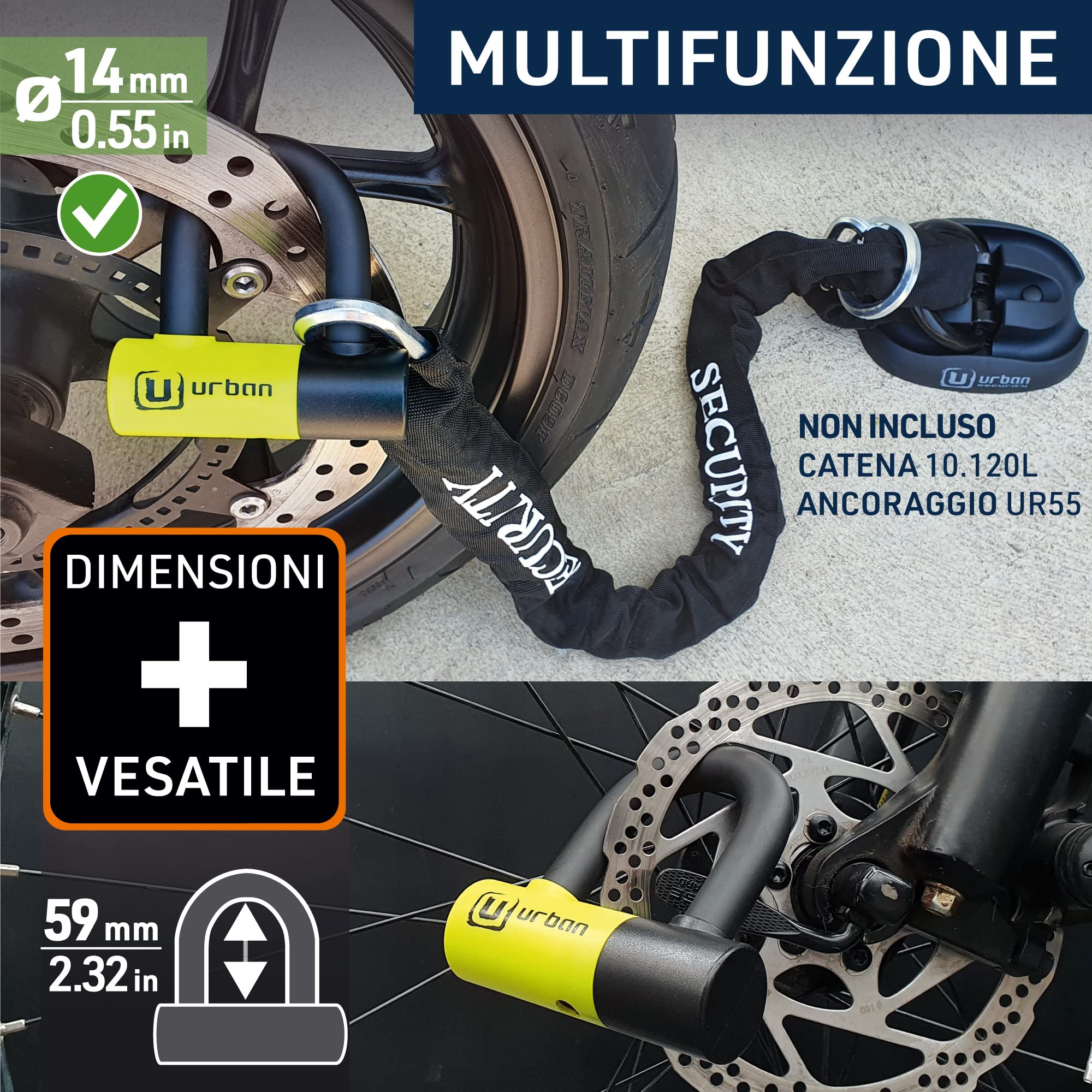 URBAN UR59 Blocca Disco per Moto, Antifurto Moto Mini U ø14mm Doppio Bloccaggio, Lucchetto Acciaio Cementato, Funzione Bloccadisco o Blocca Catena Sicurezza, Cavo Promemoria, Universale Scooter Bici