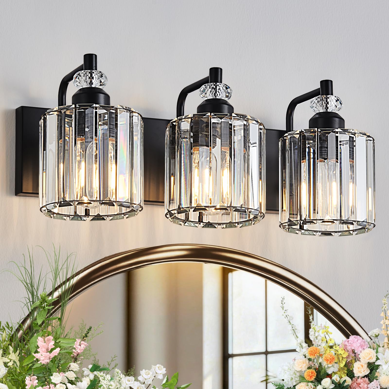 3-Light Black Bathroom Light Fixtures Over Mirror Modern Vanity Lights Crystal Wall Sconce Vintage Bathroom Lighting with Crystal
