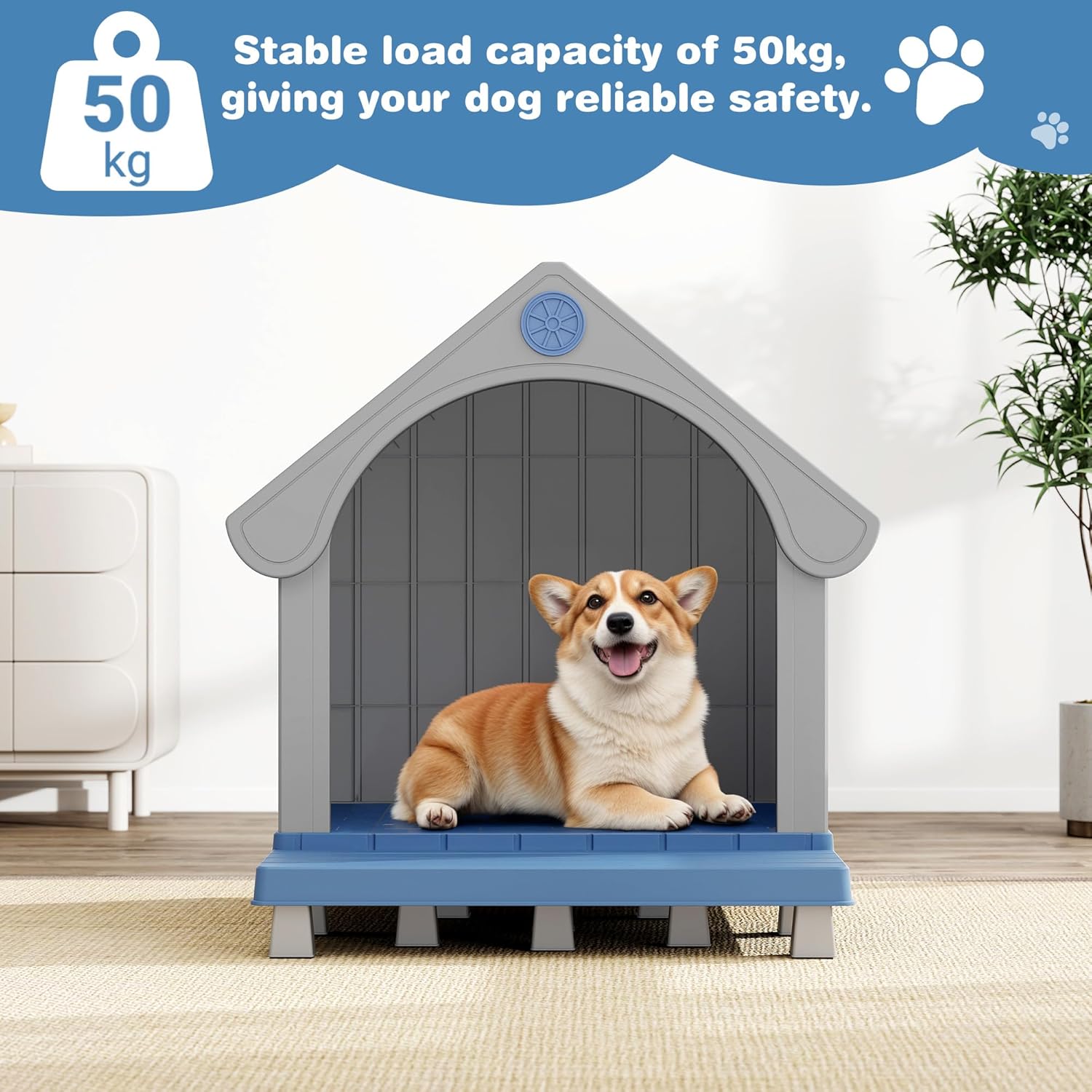 Fancyango Large Dog House with Porch Outdoor Indoor Sturdy Plastic Waterproof Doghouse with Air Vents and Elevated Floor Easy Clean and Assemble for Medium Large Dogs (Blue1, 33" L×31.5" W×38" H)