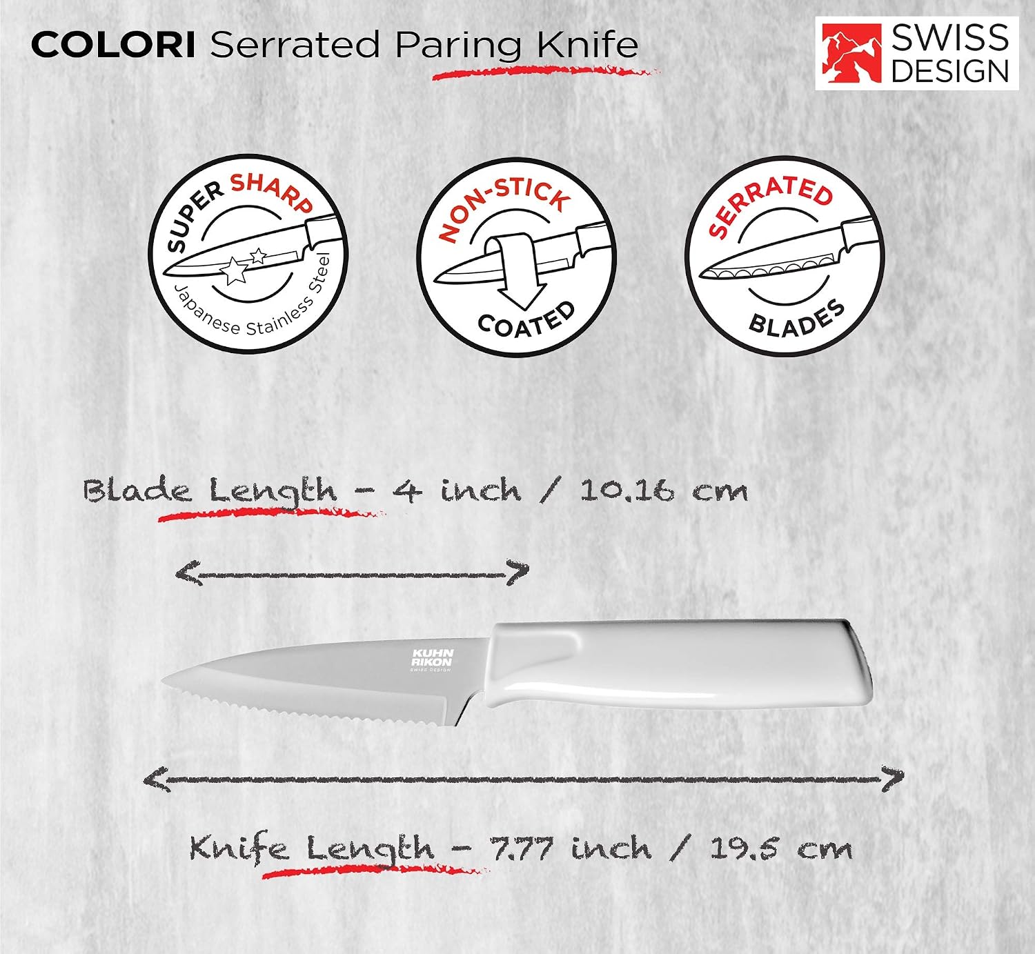 Kuhn Rikon COLORI Non-Stick Serrated Paring Knife with Safety Sheath, 4 inch/10.16 cm Blade, White