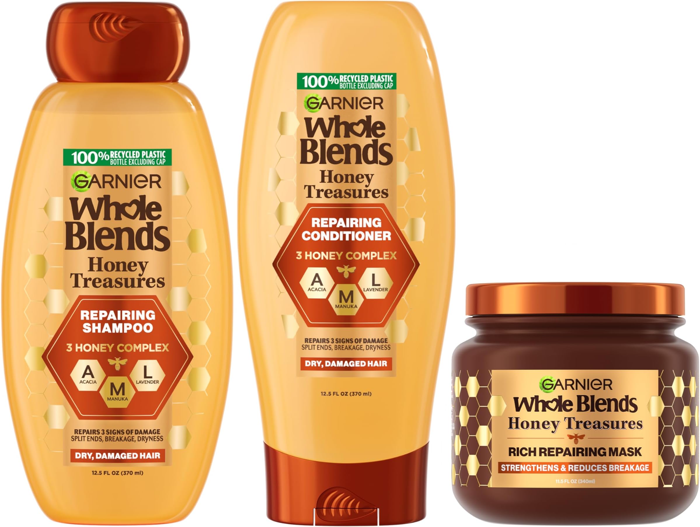 Garnier Whole Blends Honey Treasures Repairing Shampoo, Conditioner + Hair Mask Set for Dry, Damaged Hair (3 Items), 1 Kit (Packaging May Vary)