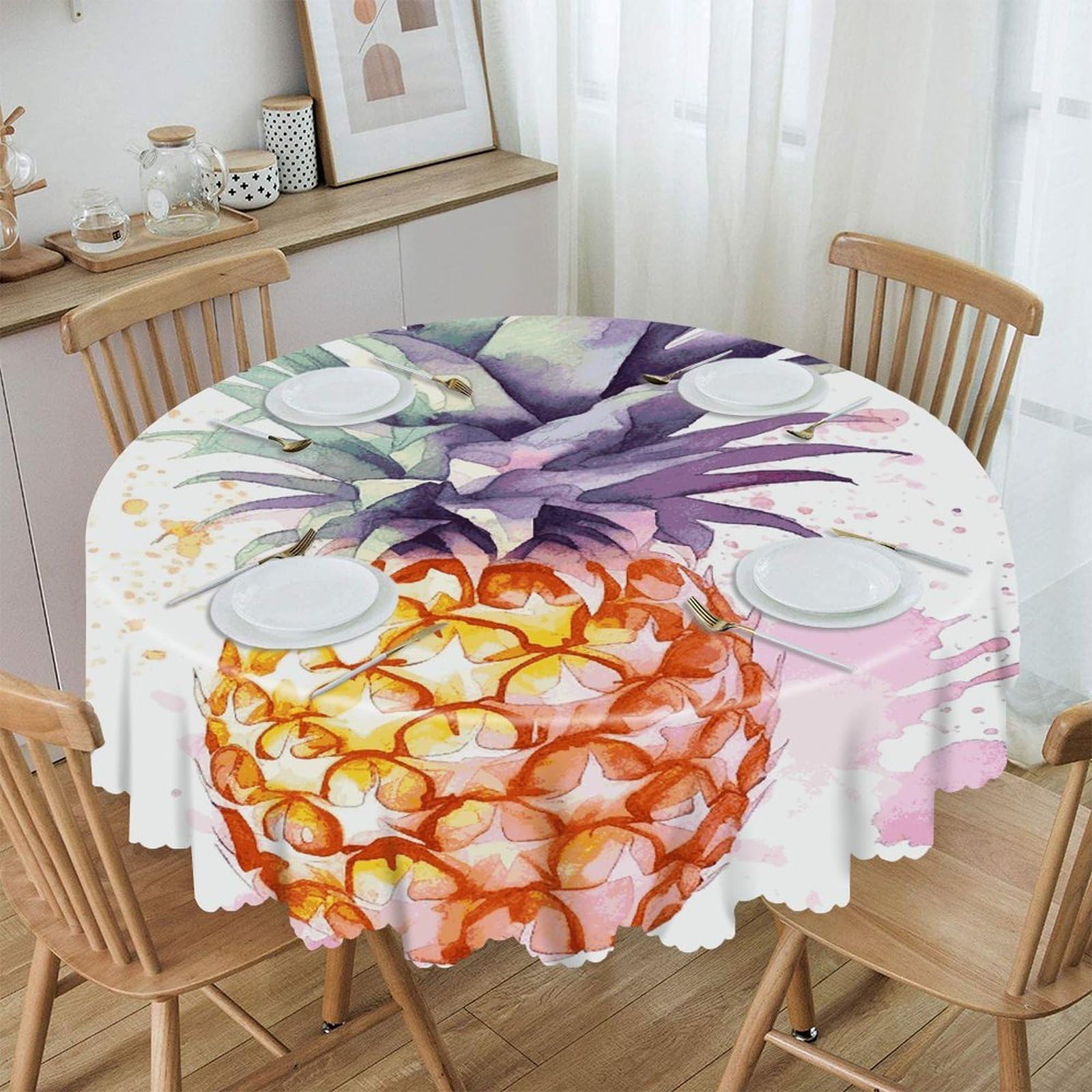 FekiLoot Pineapple Round Tablecloths 60 Inch Resistant Washable Polyester Table Cloth Style Decorative Circle Fabric Table Cover for Dining Kitchen Party Farmhouse Outdoor