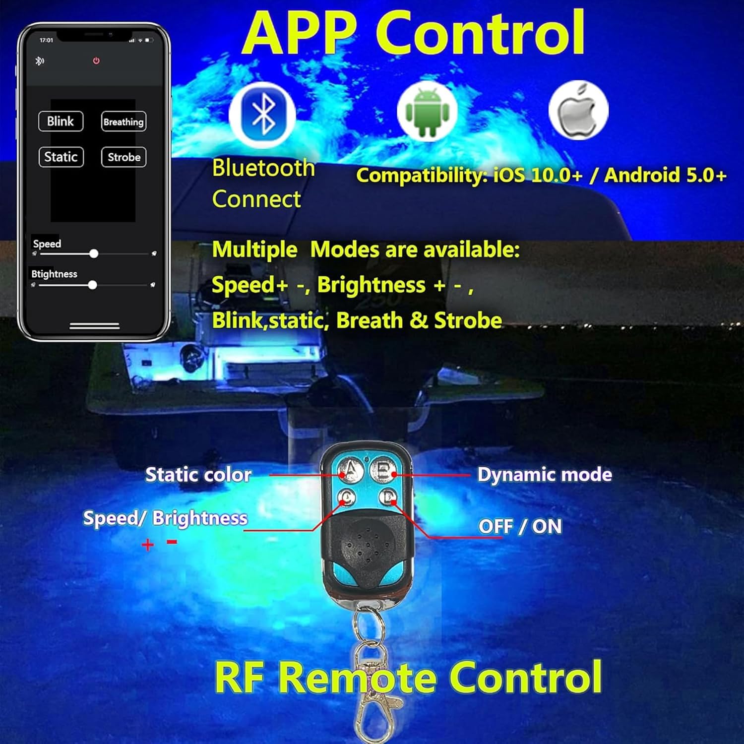 Blue Boat Drain Plug Light,IP68 Underwater Boat Lights with APP Remote Control,Replaces Standard 1/2" NPT Drain Plug for Cruising, Fishing & Fun,Smart Cooling System,No Holes to Drill!