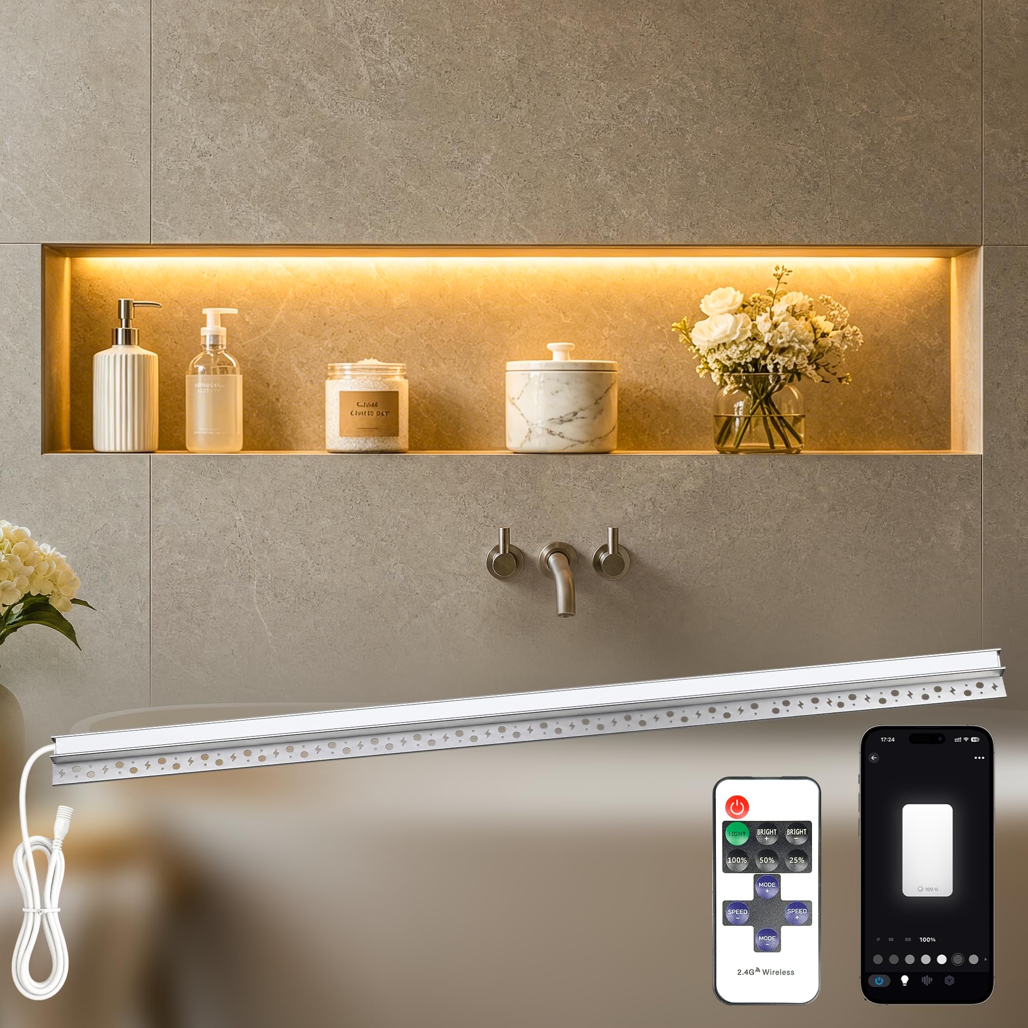 Photo 1 of SHUNLEE Shower Niche LED Strip Light Waterproof with Alexa & APP Control, 2700K Warm White Recessed Aluminum Channel Niche Light Kit, Ambient Lighting for Bathroom Shower Tile & Wall Niche (35 Inch)