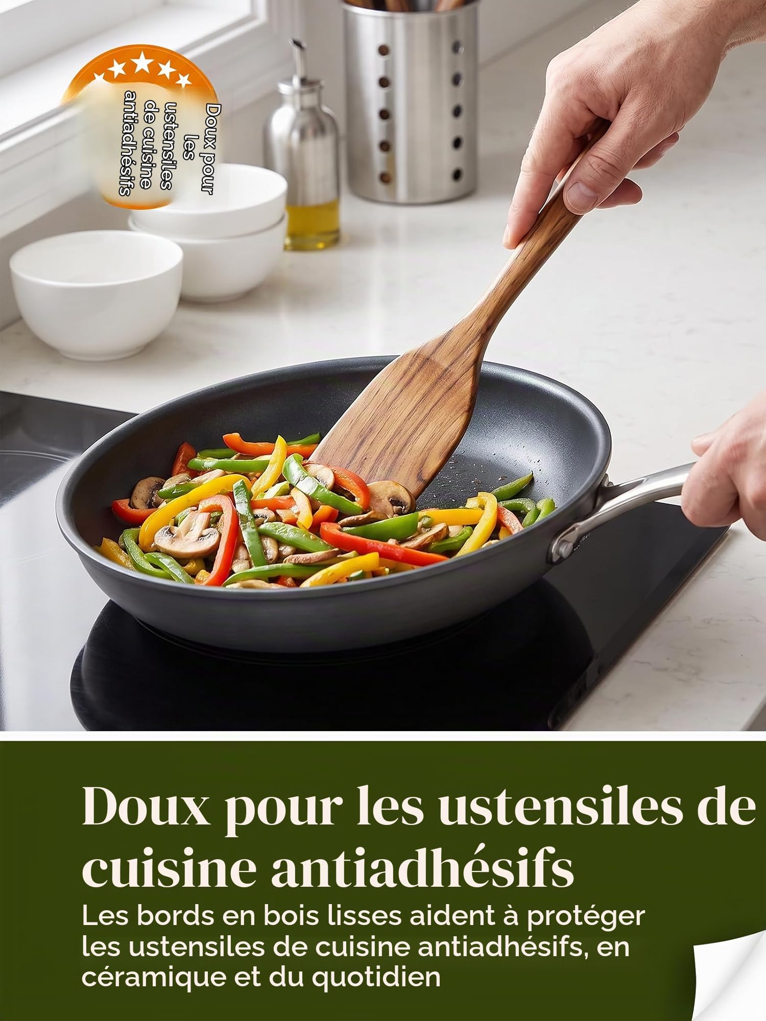 Ensemble d'ustensiles de cuisine avec support, ustensiles de cuisine en bois pour la cuisine, ustensiles en bois de teck naturel pour la cuisine, ensemble d'ustensiles de cuisine en bois avec spatule