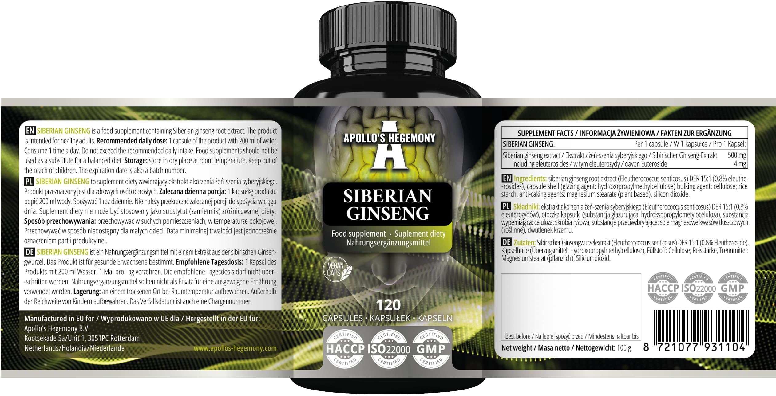 Ginseng Siberiano 500 mg - 120 Capsule Vegane - Estratto Standardizzato allo 0,8% di eleuterosidi B + E - Integratore alimentare di Apollo's Hegemony