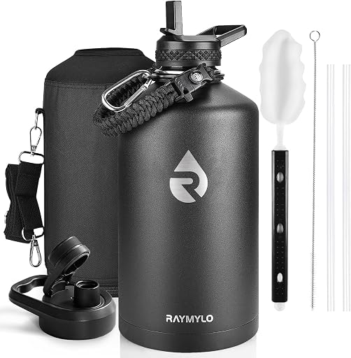 RAYMYLO One Gallon Water Bottle Insulated 128 oz, Stainless Steel | Triple Walled Vacuum (Cold for 48 Hrs), Leak Proof & Non-BPA, Large Water Flask Jug with Paracord Handle & Straw Spout Lids (ASIN B0BZZSC2J2), rank #9 by monthly sales volume for 'Water Cooler' on Amazon