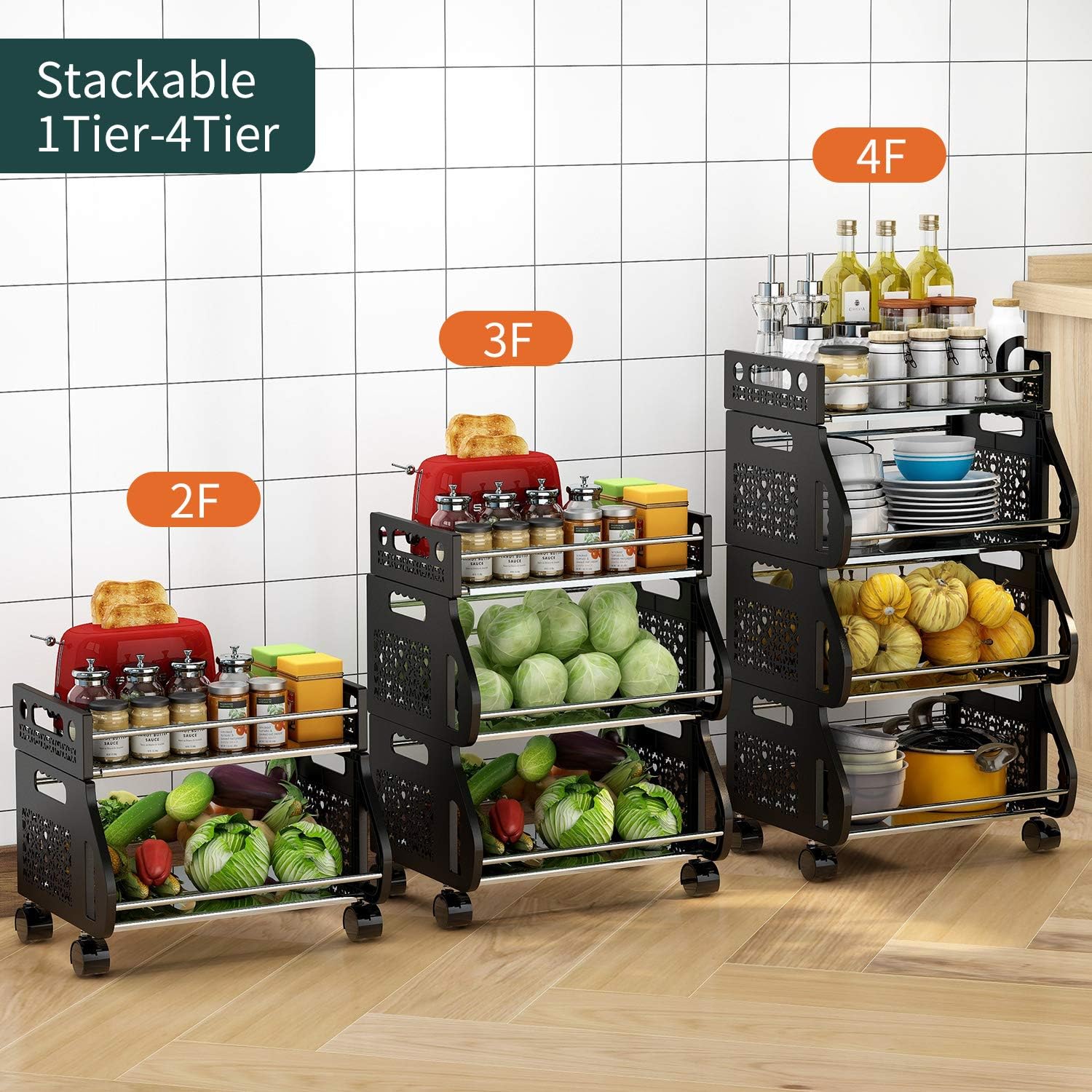 Fruit Storage Basket,DUSASA Rolling Stackable Vegetable Fruit Basket Utility Cart Rack,Metal Storage Organizer Bin for Kitchen, Pantry Closet, Bedroom, Bathroom,Garage (Black)