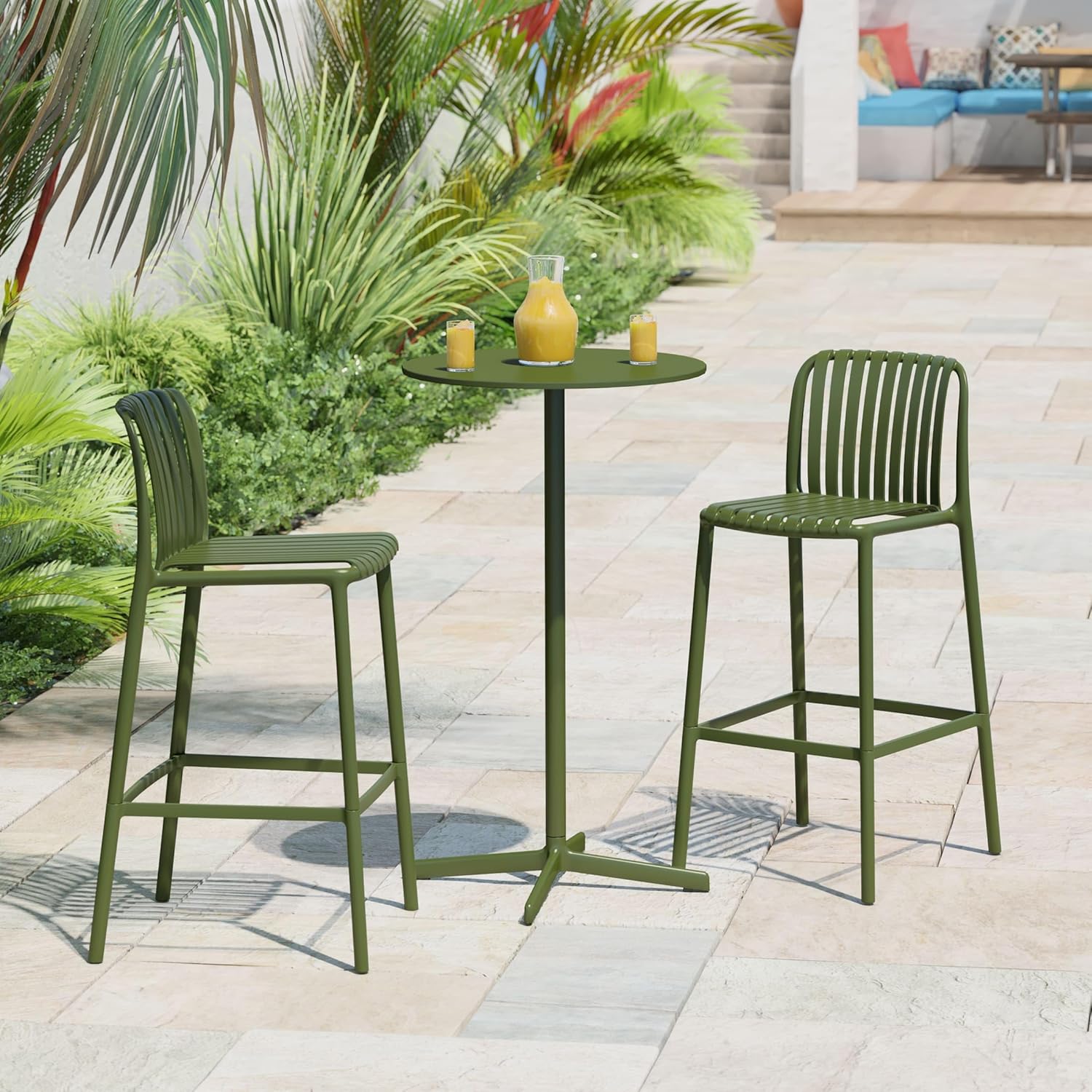 WestinTrends Playa 29.5" Outdoor Modern Polypropylene Plastic Patio Bar Height Stools (Set of 2), Olive Green