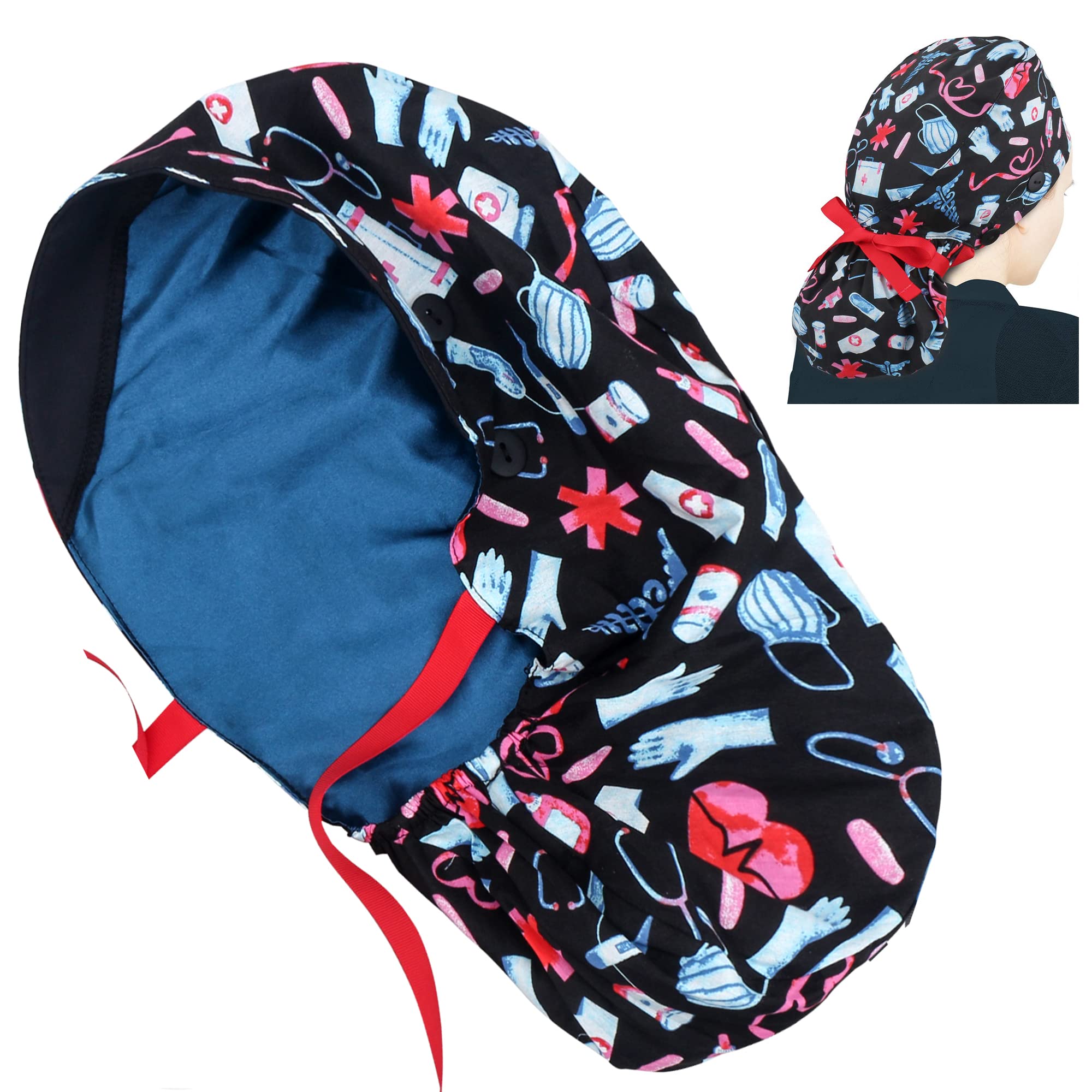 ABAMERICA Bouffant Caps with Button and Sweatband,Adjustable Working Hats for Women Men,One Size Fits All