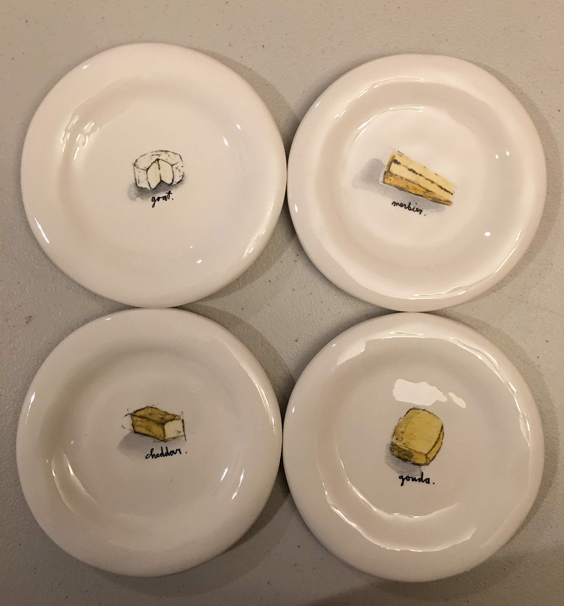 Rae Dunn by Magenta 6" Cheese Canape/Dessert/Appetizer Plates - Set of 4 - Each plates as a different design