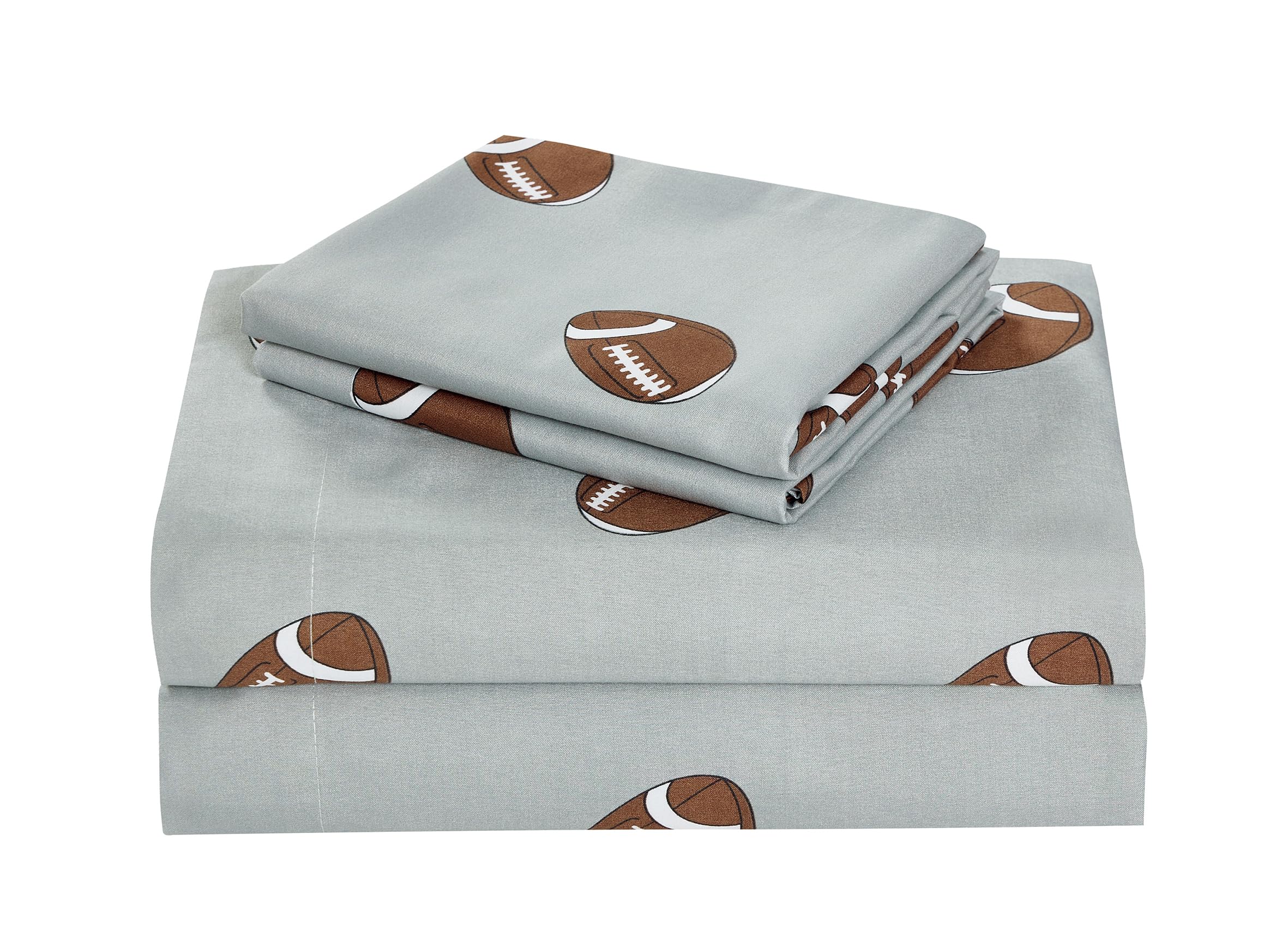 4-Piece Kids/Teens Sports Sheet Set - Soft Microfiber Gray Brown White Football, Queen Size