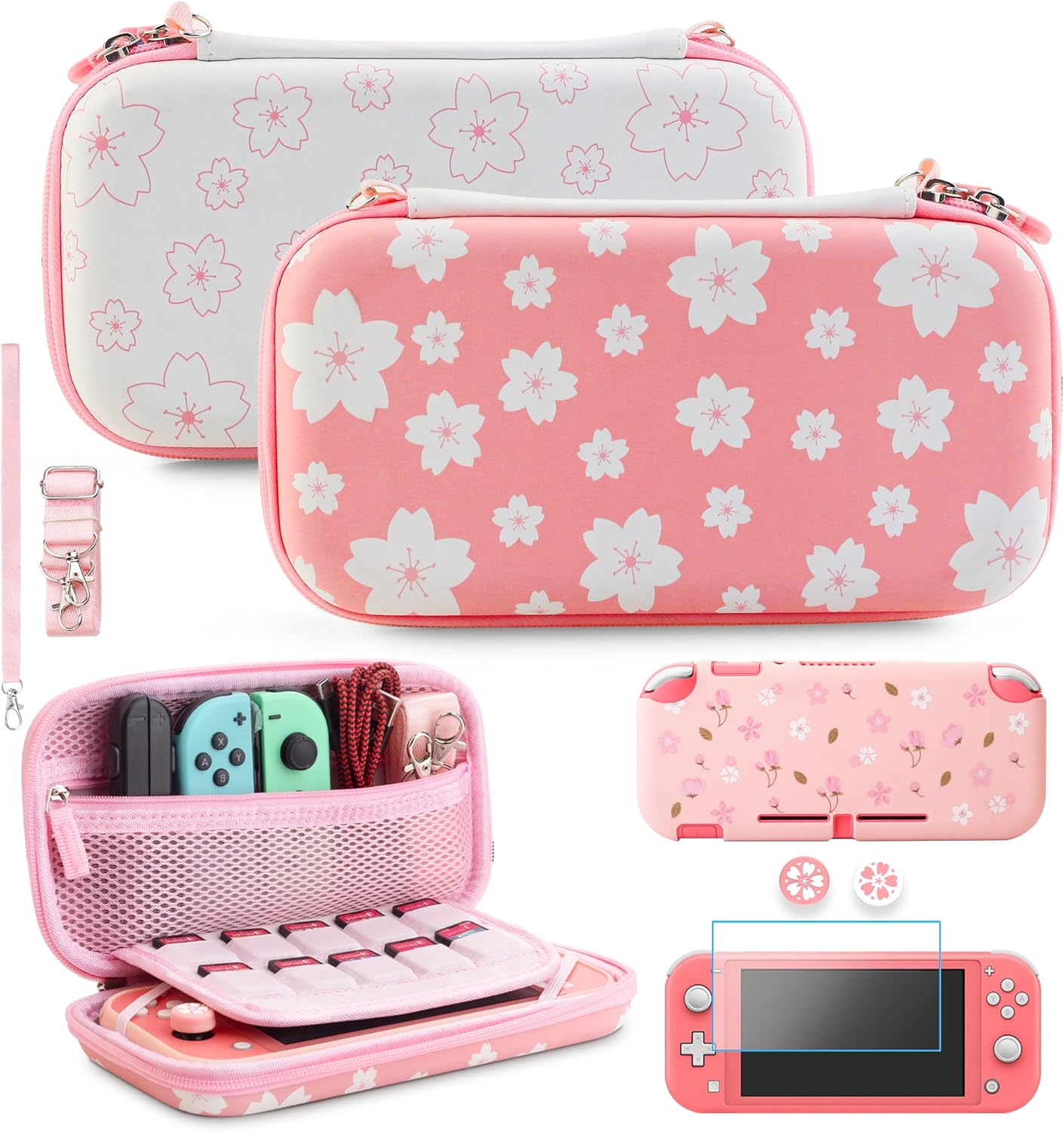 GLDRAM Accessories for Nintendo Lite, Portable Carrying Case with 10 Card Slots, Switch Lite Travel Bag with TPU Protective Skin, Screen Protector, Shoulder Strap, Wrist Strap and 2 Sakura Thumb Caps