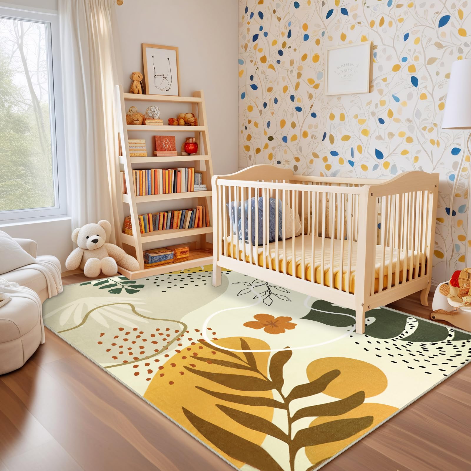 Capslpad Area Rugs 5x7, Washable Nursery Rug, Low Pile Soft Non-Shedding Playroom Carpet, Botanical Print Tan Rugs for Bedroom, Classroom, Living Room