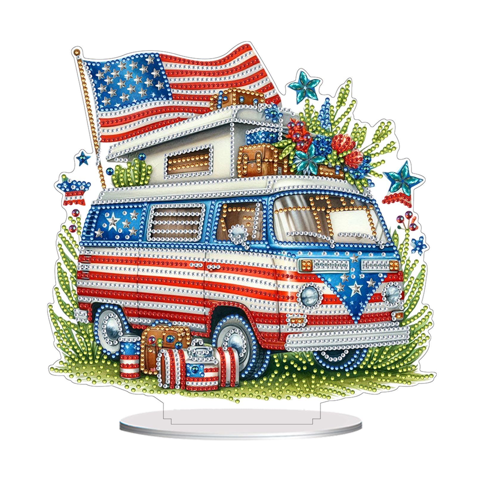 Awesocrafts Diamond Art Table Top Ornaments American Flag Camper Van, 5D Diamond Painting Tabletop Decorations Special Shape Crystal Art Christmas Desktop Decor (Camper Van)